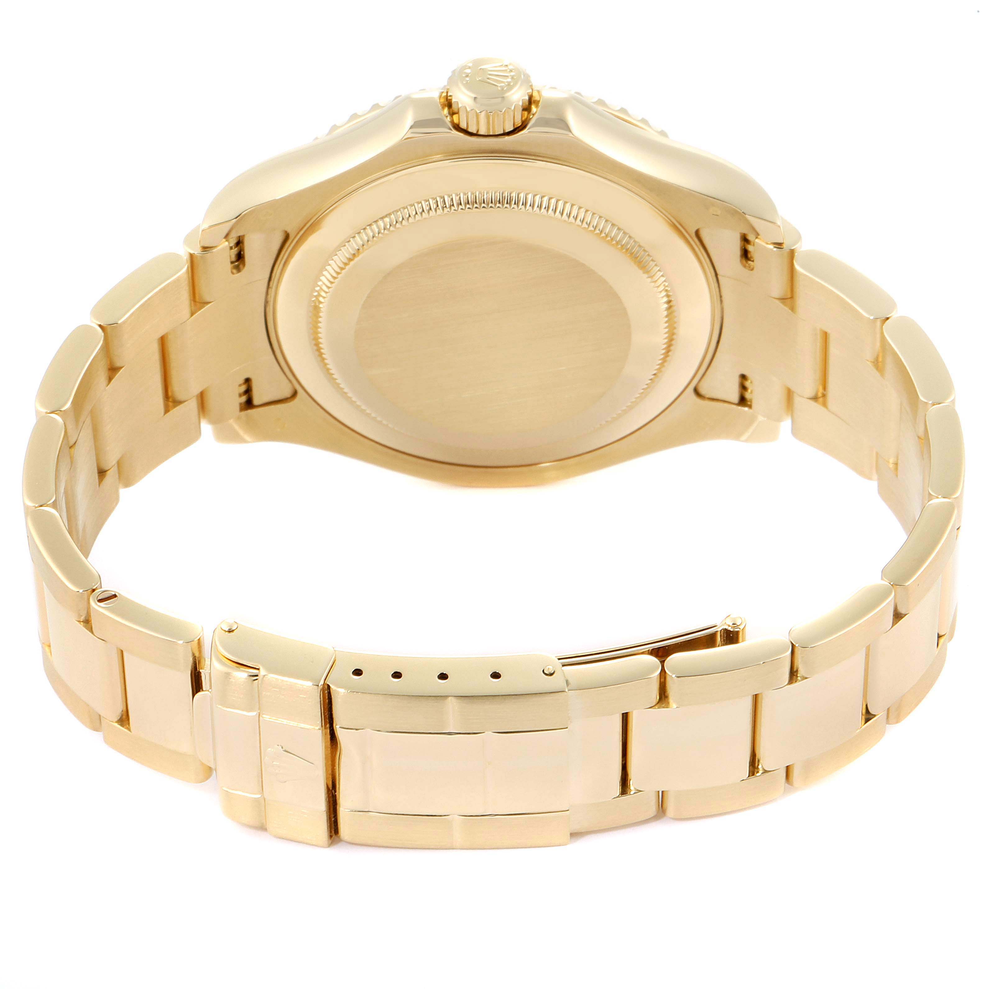 This image shows the back view of the Rolex Yacht-Master 16628 Men's Yellow Gold Blue Dial 16628 Men's Yellow Gold Blue Dial watch, highlighting its gold bracelet and clasp.