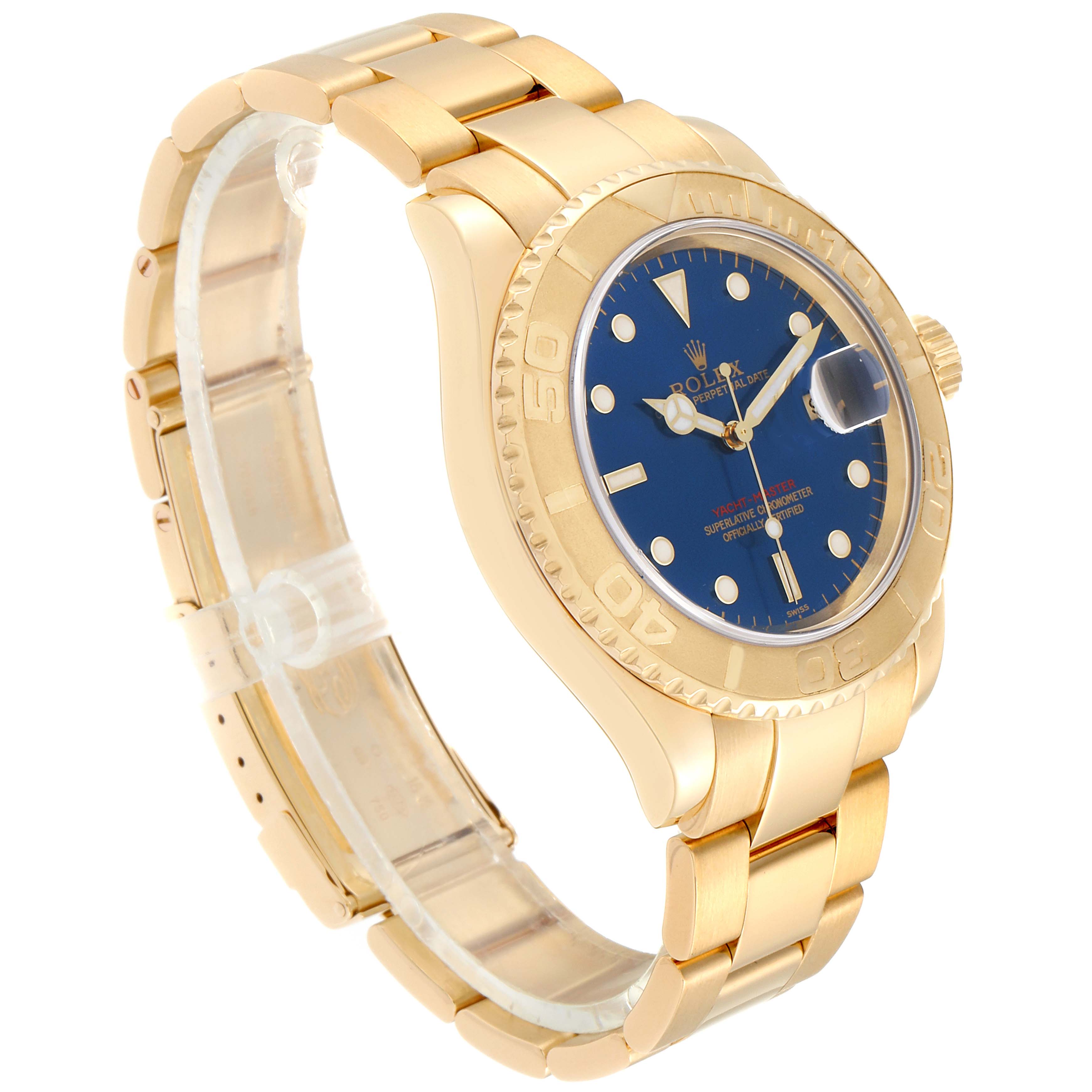 The Rolex Yacht-Master 16628 Men's Yellow Gold Blue Dial 16628 Men's Yellow Gold Blue Dial watch is shown at an angle displaying the gold bracelet, blue dial, bezel, and crown.