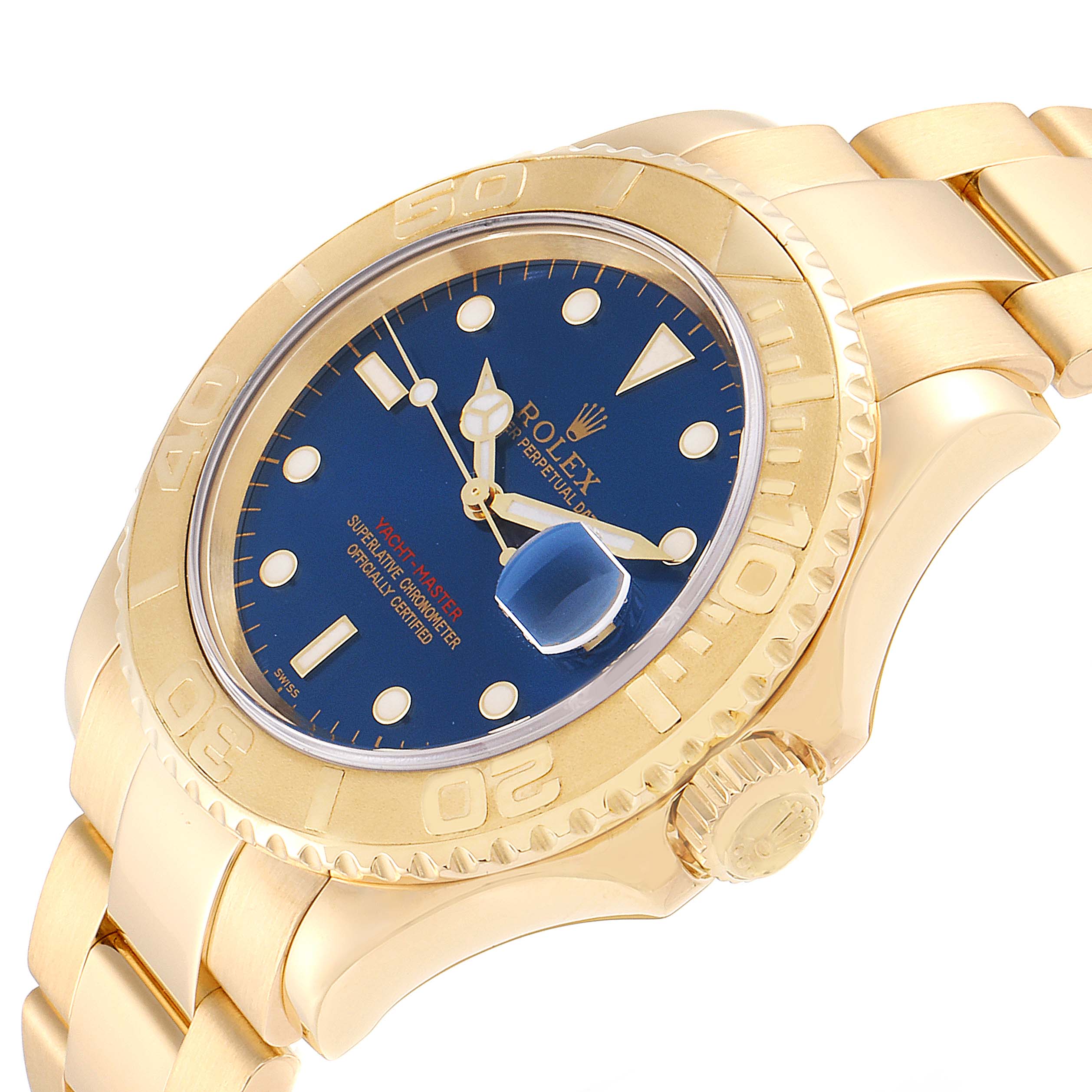 This image shows a Rolex Yacht-Master 16628 Men's Yellow Gold Blue Dial 16628 Men's Yellow Gold Blue Dial watch at a three-quarter angle, highlighting its blue dial, gold bezel, and bracelet.