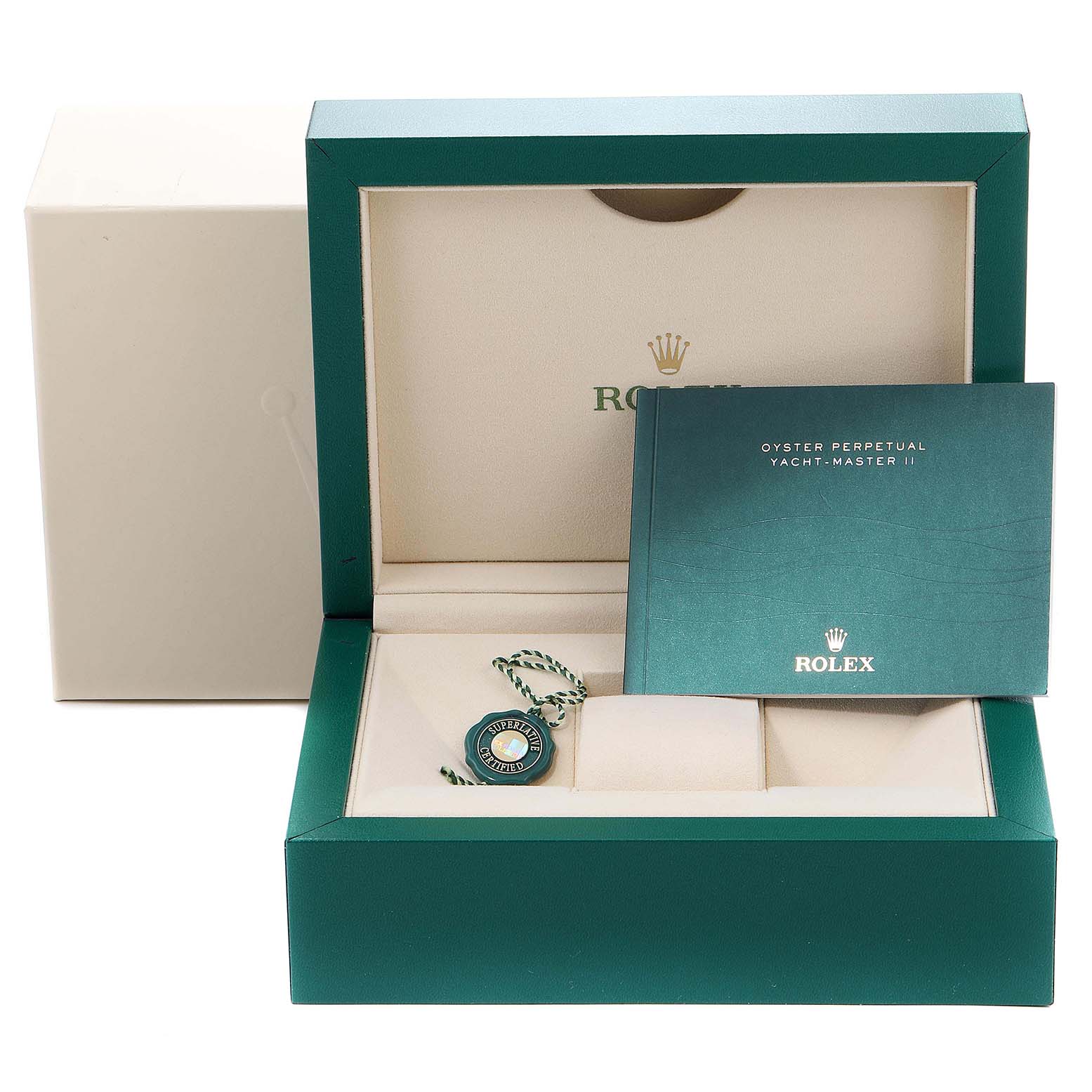 This image shows the packaging and accessories for a Rolex Yacht-Master 116680 Men's Stainless Steel White Dial 116680 Men's Stainless Steel White Dial watch, including the instruction manual and tag.
