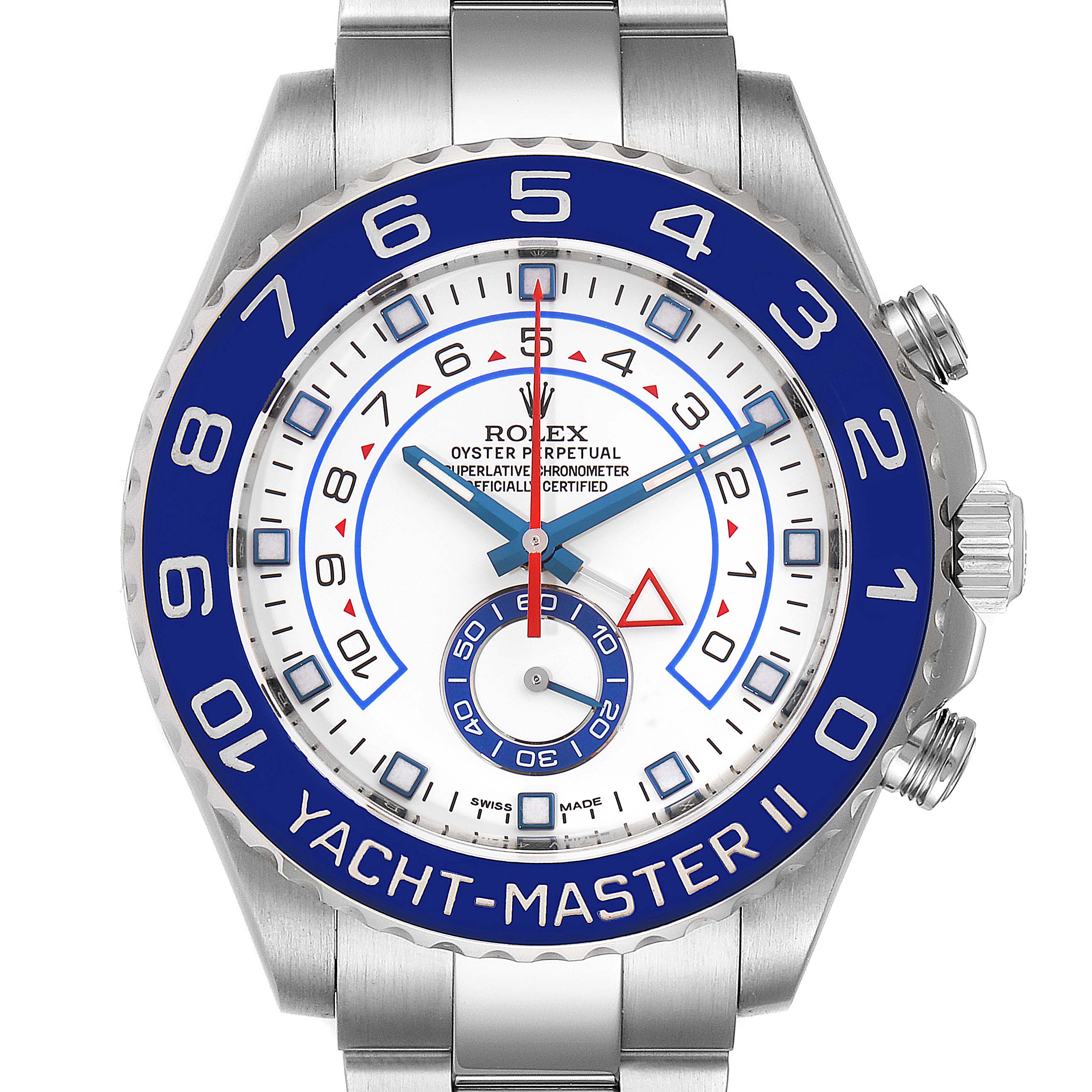 The image shows a frontal view of the Rolex Yacht-Master 116680 Men's Stainless Steel White Dial 116680 Men's Stainless Steel White Dial II watch face, including the bezel, dial, and part of the bracelet.