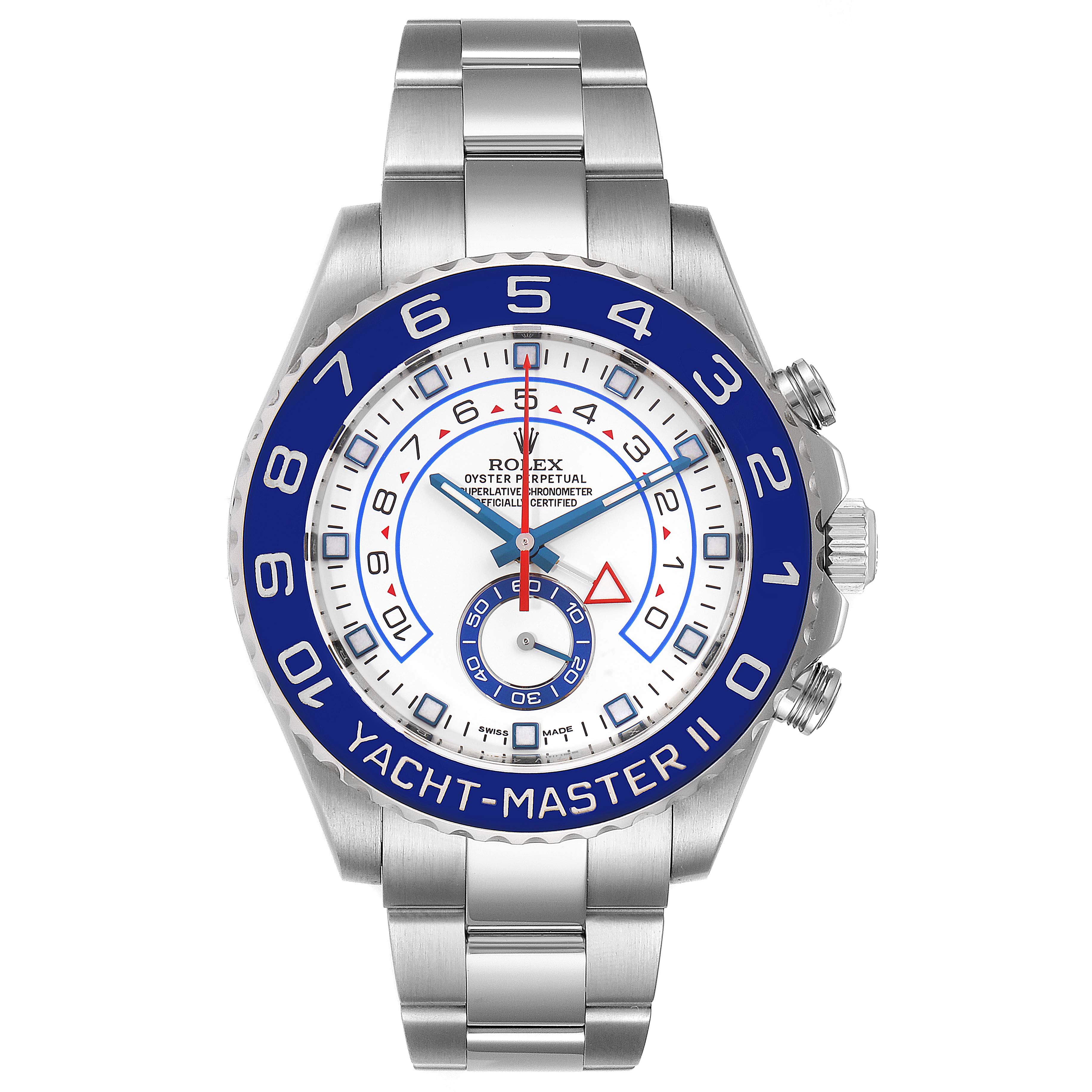 The image shows a front view of the Rolex Yacht-Master 116680 Men's Stainless Steel White Dial 116680 Men's Stainless Steel White Dial II watch, displaying the dial, bezel, and bracelet.