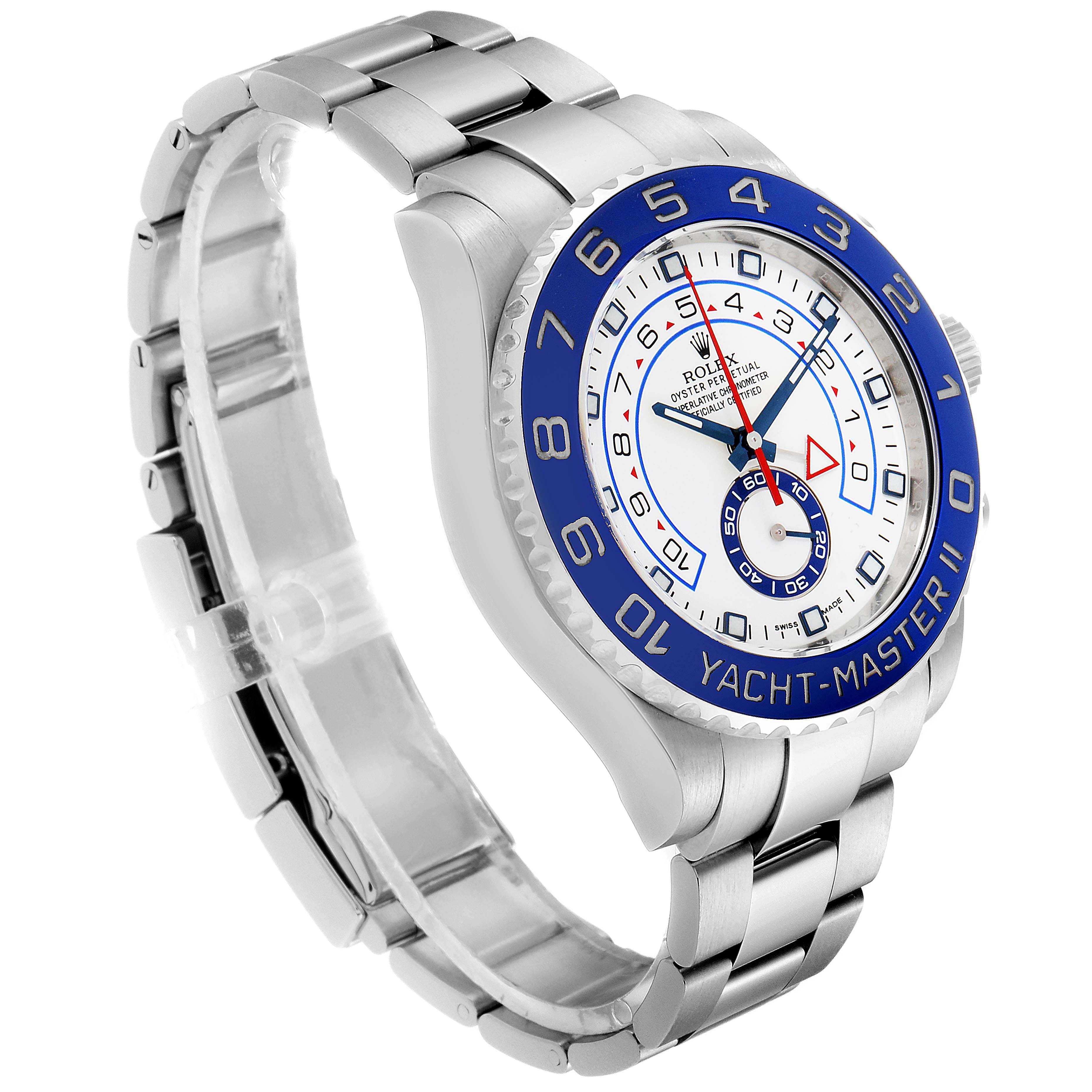 The Rolex Yacht-Master 116680 Men's Stainless Steel White Dial 116680 Men's Stainless Steel White Dial II watch is shown at an angle displaying the bezel, face, and part of the bracelet.
