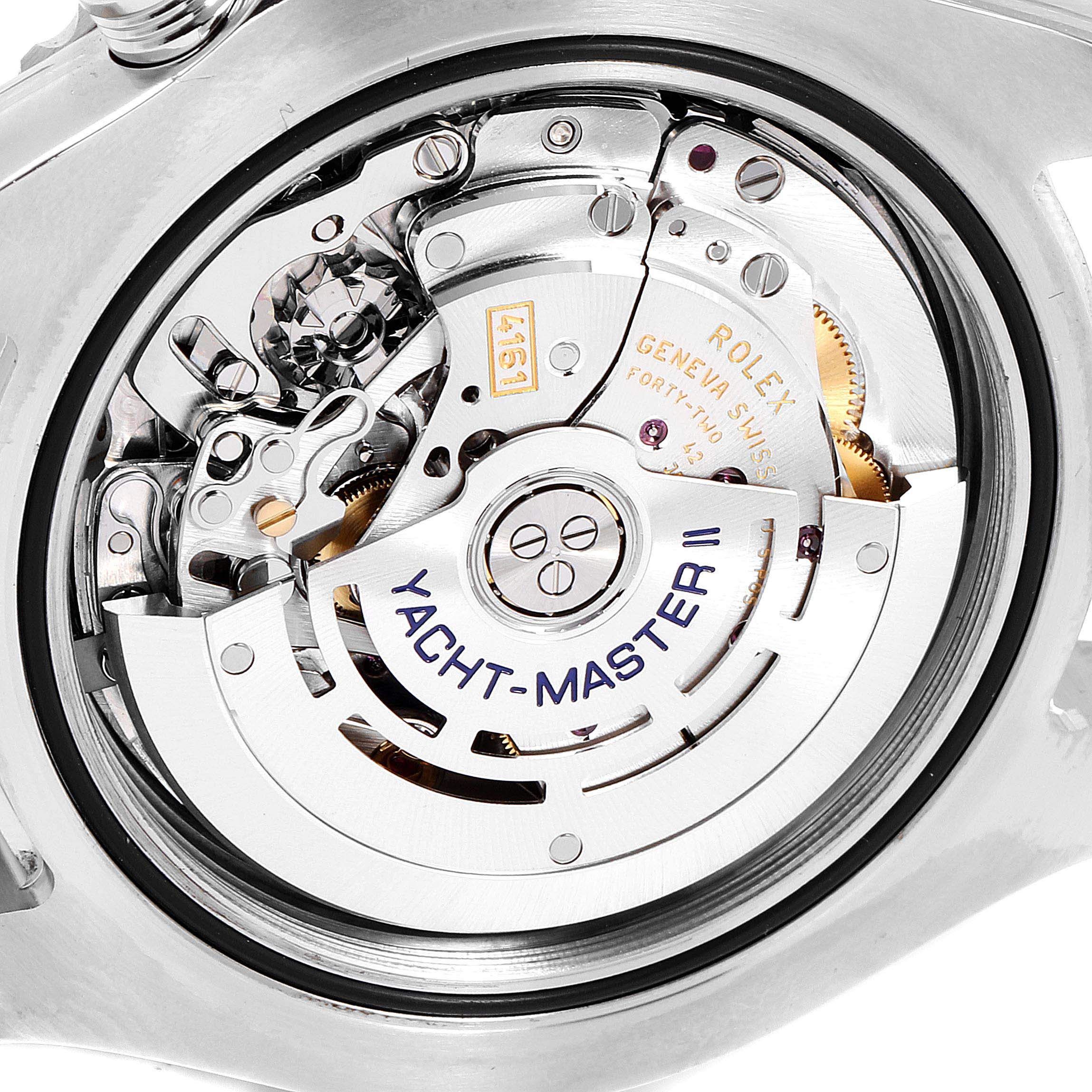 The image shows a close-up of the movement mechanism in a Rolex Yacht-Master 116680 Men's Stainless Steel White Dial 116680 Men's Stainless Steel White Dial watch from the back.