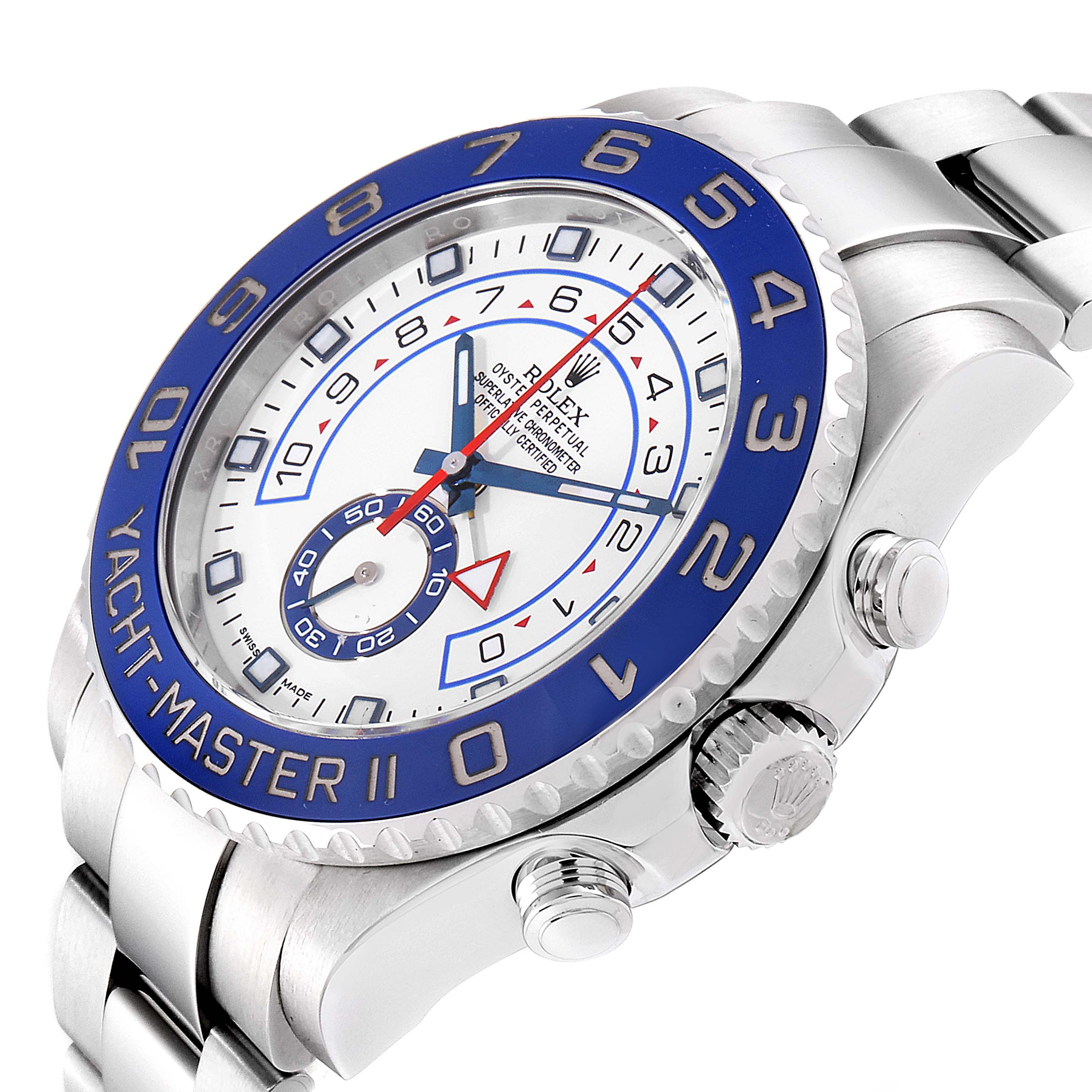 The Rolex Yacht-Master 116680 Men's Stainless Steel White Dial 116680 Men's Stainless Steel White Dial II watch is shown at an angled close-up, highlighting its dial, bezel, and side buttons.