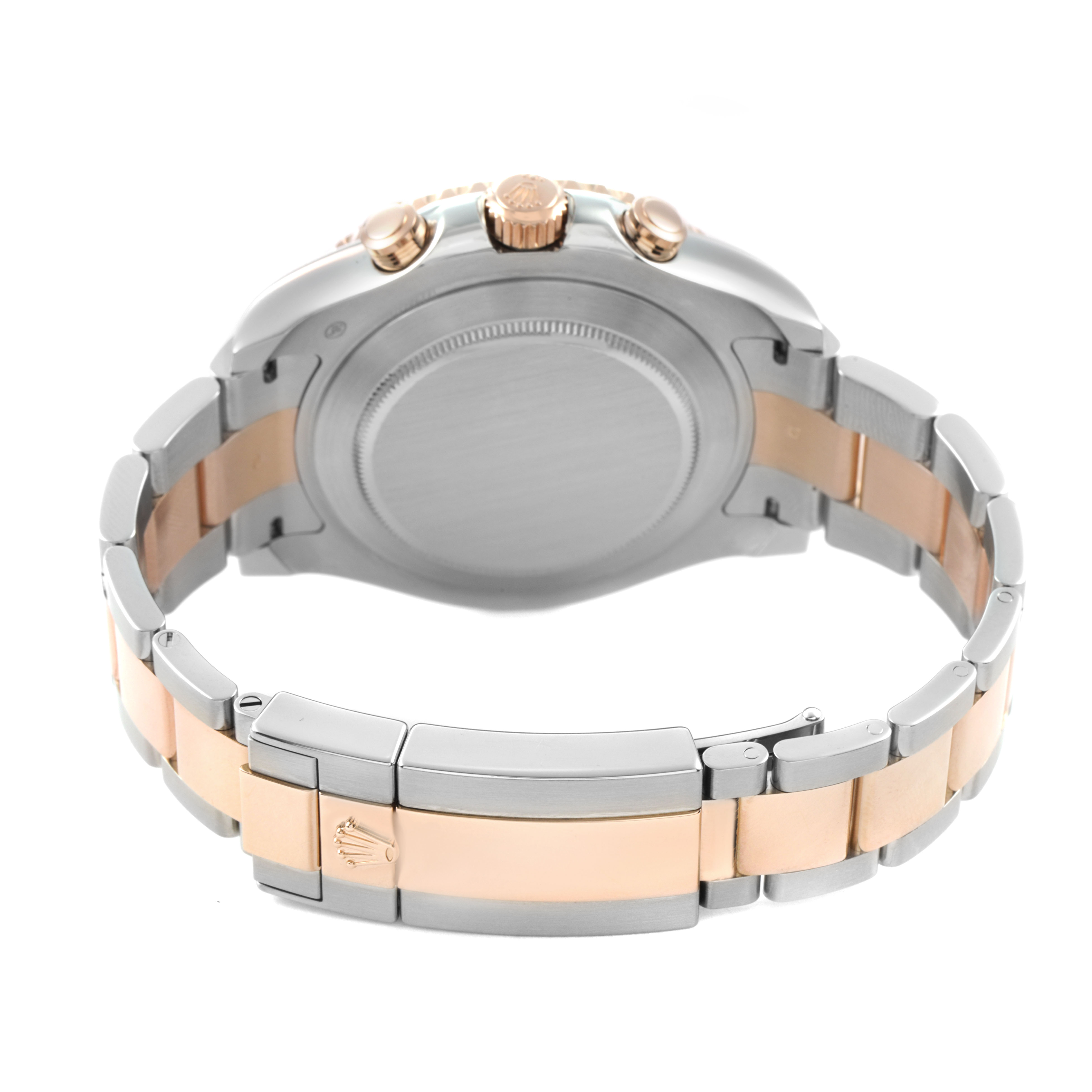 The image shows the back and clasp of a Rolex Yacht-Master 116681 Men's Steel and Gold (two tone) White Dial watch, highlighting the bracelet and crown from a rear angle.