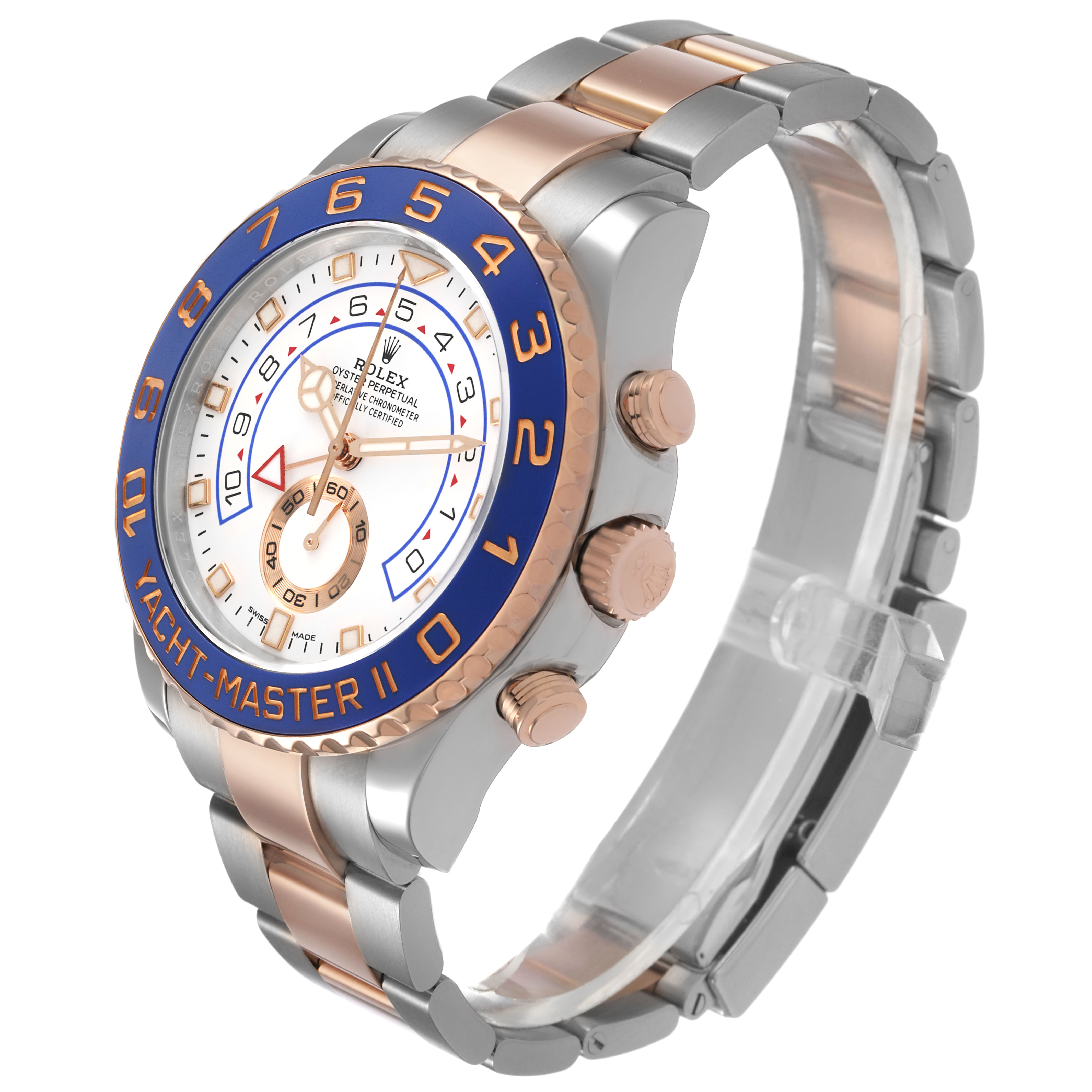 The Rolex Yacht-Master 116681 Men's Steel and Gold (two tone) White Dial II watch is shown at an angle displaying the dial, bezel, crown, and bracelet.