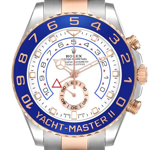The image shows a front view of the Rolex Yacht-Master 116681 Men's Steel and Gold (two tone) White Dial II, highlighting the blue bezel, white dial, and gold accents.
