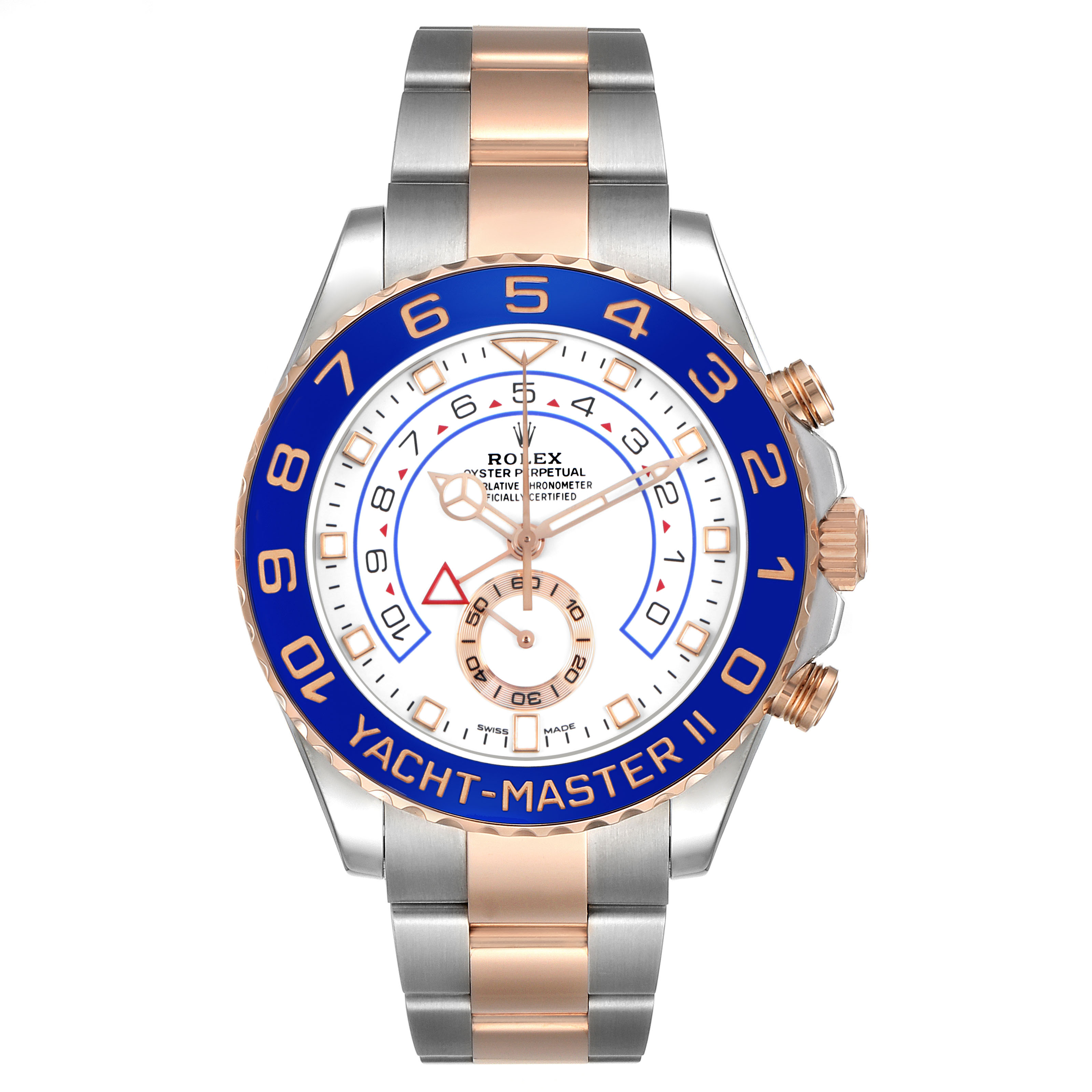 The Rolex Yacht-Master 116681 Men's Steel and Gold (two tone) White Dial watch is shown from the front, highlighting its face, bezel, crown, and part of the bracelet.