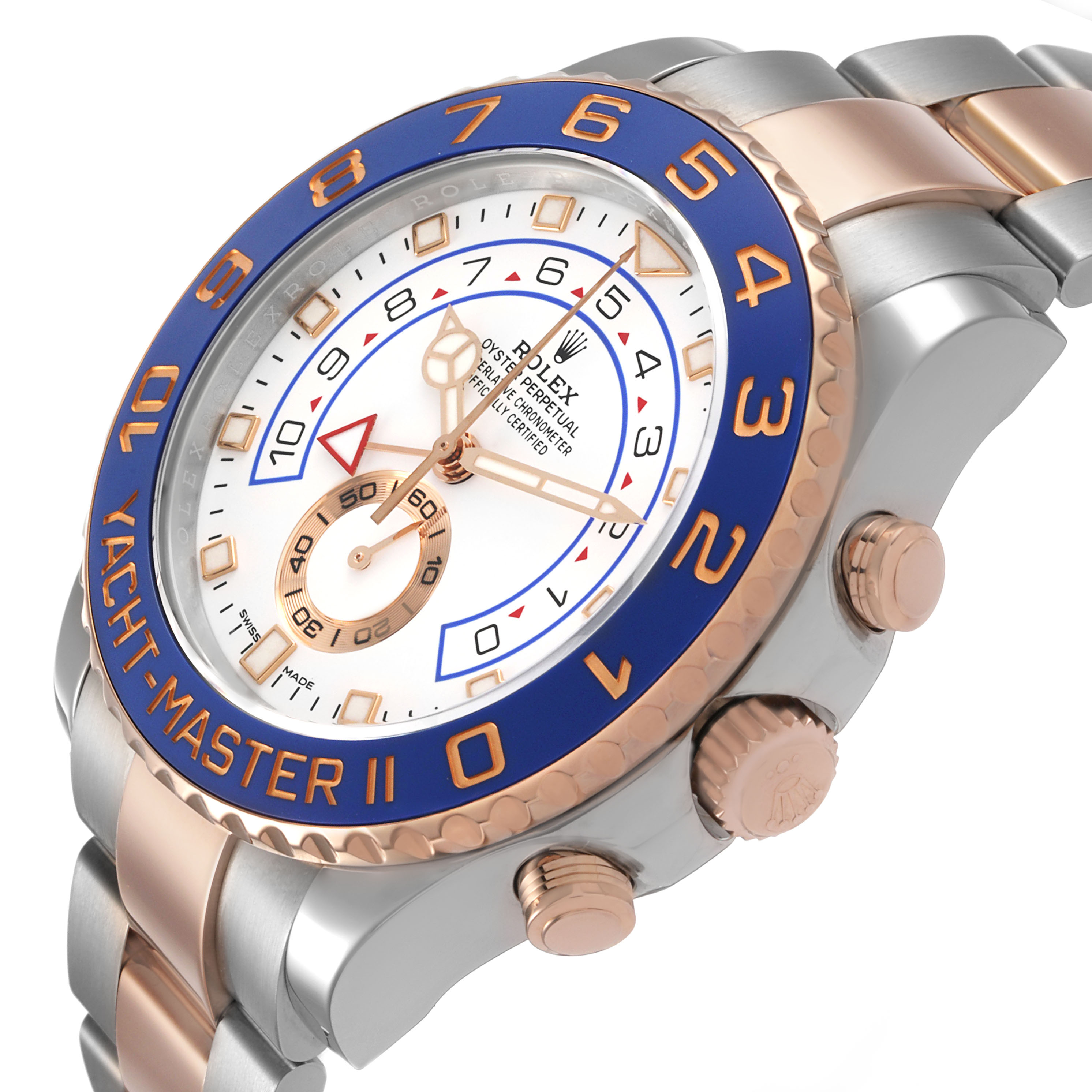 The Rolex Yacht-Master 116681 Men's Steel and Gold (two tone) White Dial II is shown at a slight angle, highlighting the bezel, crown, and part of the bracelet.