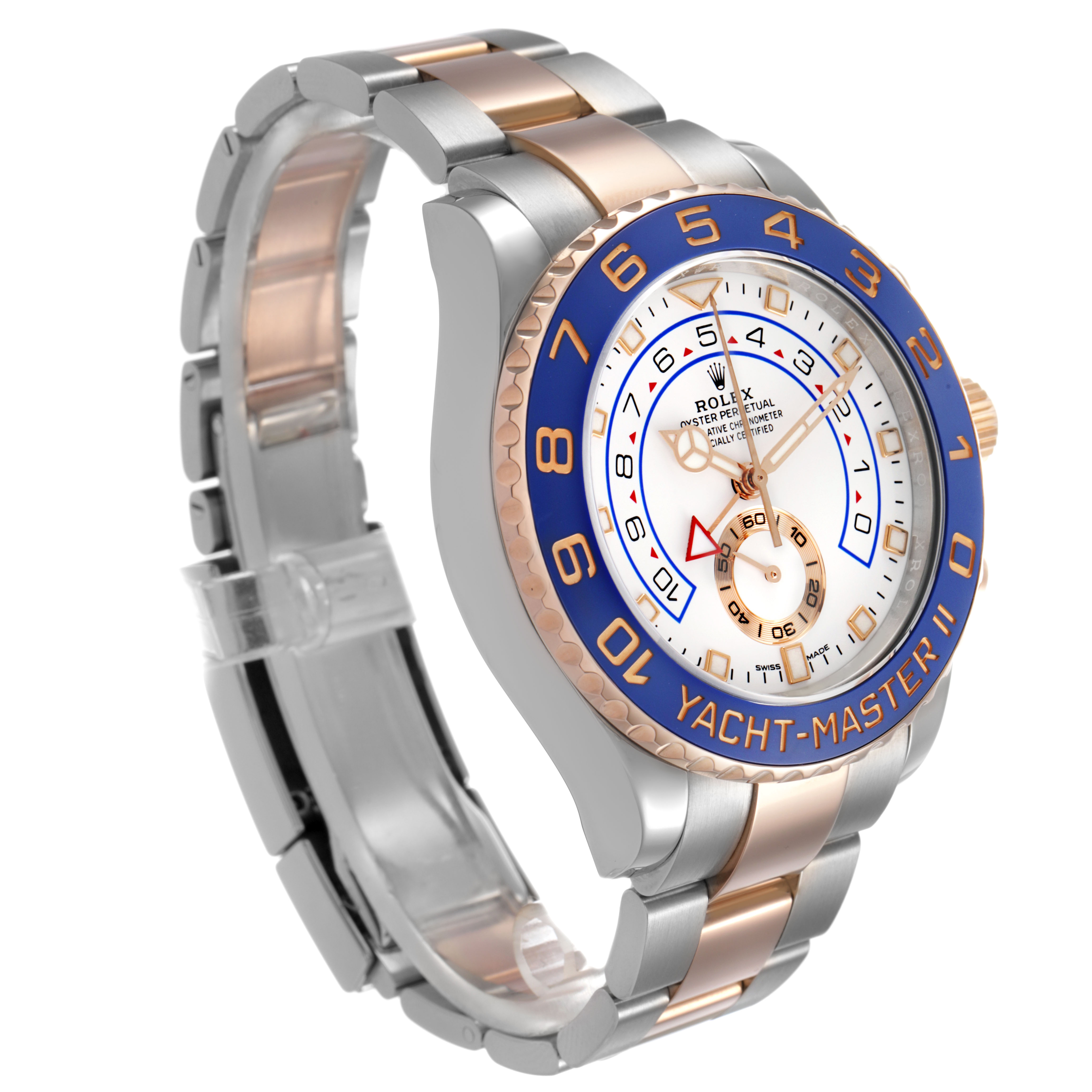 The Rolex Yacht-Master 116681 Men's Steel and Gold (two tone) White Dial watch is shown at a three-quarter angle, displaying the bezel, dial, and part of the bracelet.