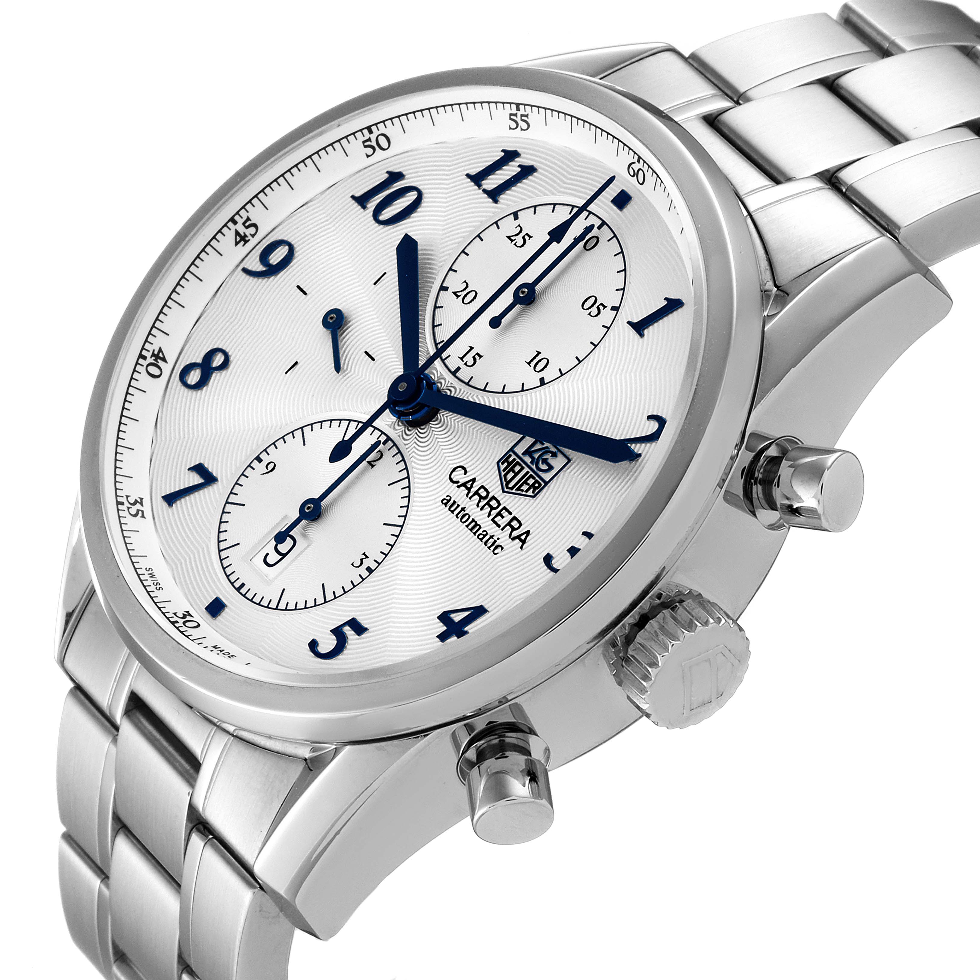 The image shows a close-up, angled view of the dial, crown, and bracelet of a Tag Heuer Carrera CAS2111.BA0730 Men's Stainless Steel Silver Dial CAS2111.BA0730 Men's Stainless Steel Silver Dial watch.