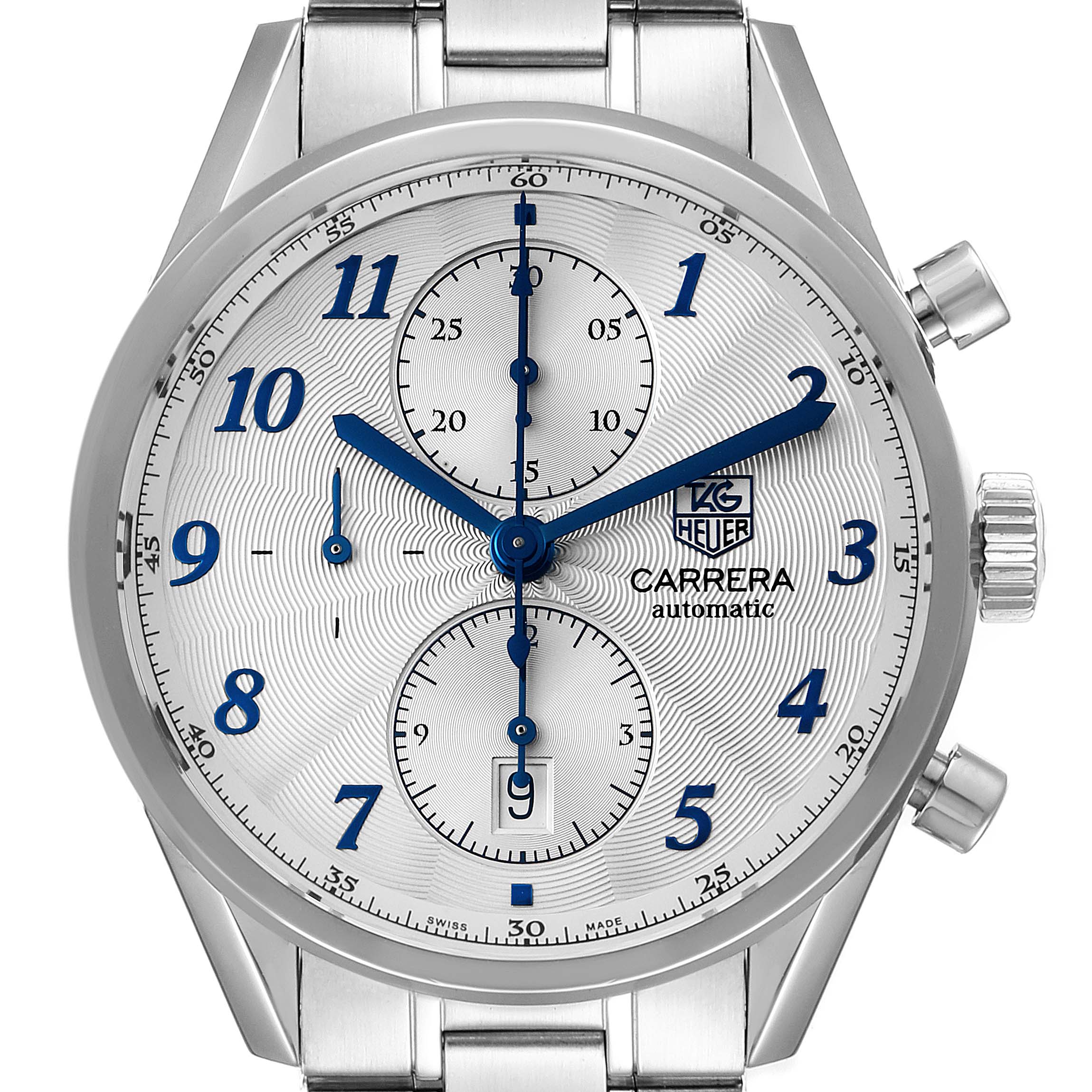 The Tag Heuer Carrera CAS2111.BA0730 Men's Stainless Steel Silver Dial CAS2111.BA0730 Men's Stainless Steel Silver Dial model watch is shown from a straight-on view, featuring its face, crown, and part of its metal band.