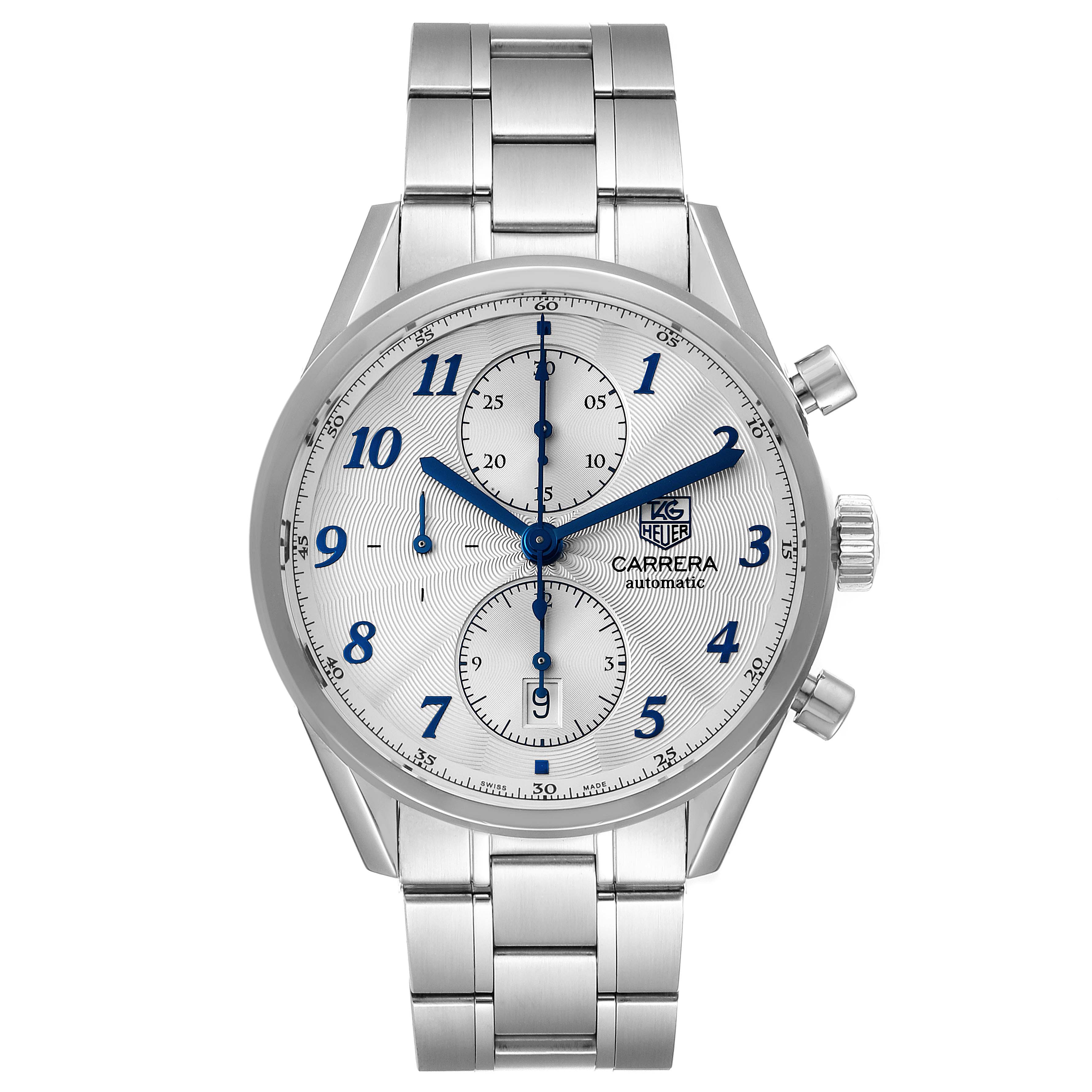 The image shows a Tag Heuer Carrera CAS2111.BA0730 Men's Stainless Steel Silver Dial CAS2111.BA0730 Men's Stainless Steel Silver Dial watch from a front angle, displaying its face and stainless steel bracelet.