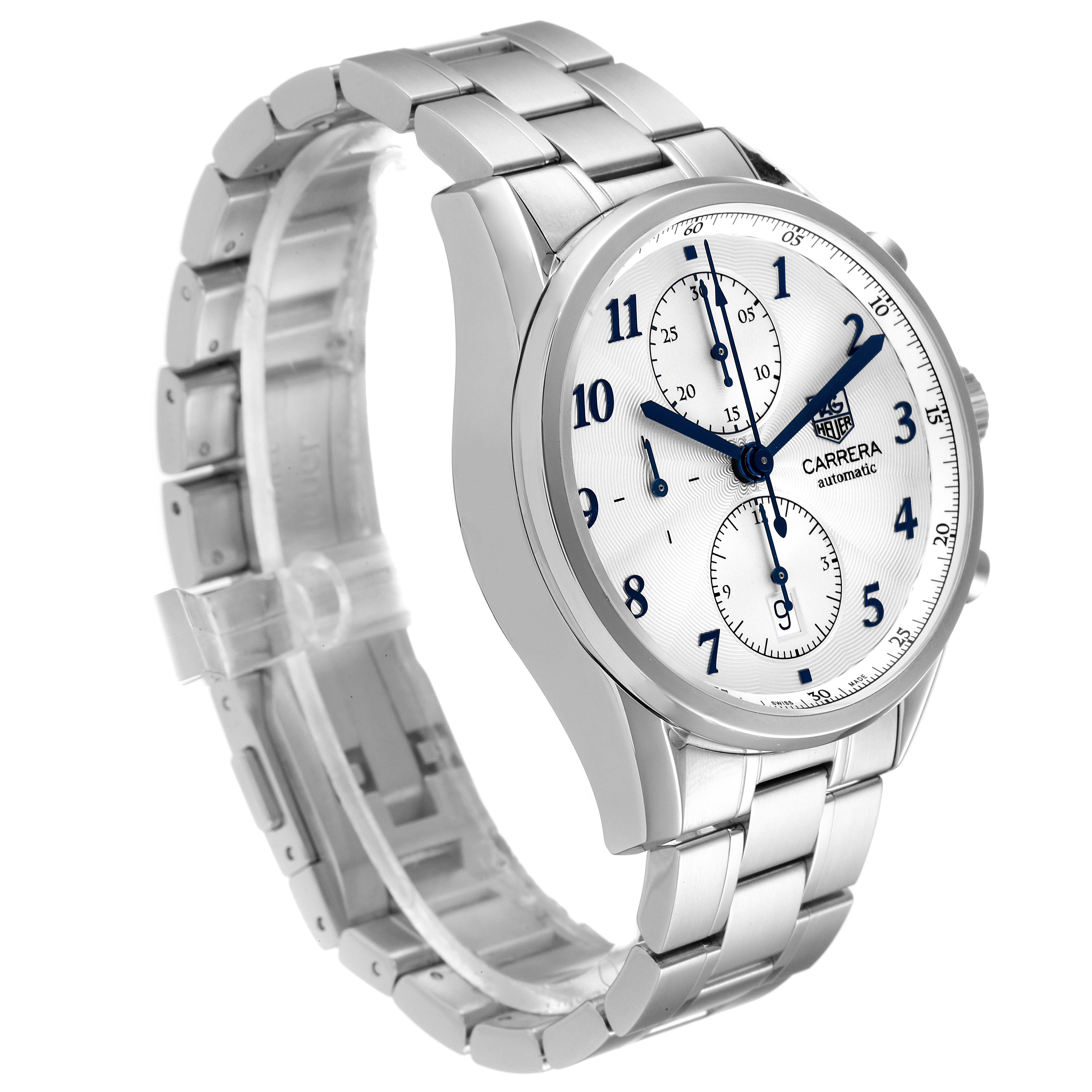 The image shows a Tag Heuer Carrera CAS2111.BA0730 Men's Stainless Steel Silver Dial CAS2111.BA0730 Men's Stainless Steel Silver Dial watch from a left-side front angle, displaying the face, case, and metal bracelet.