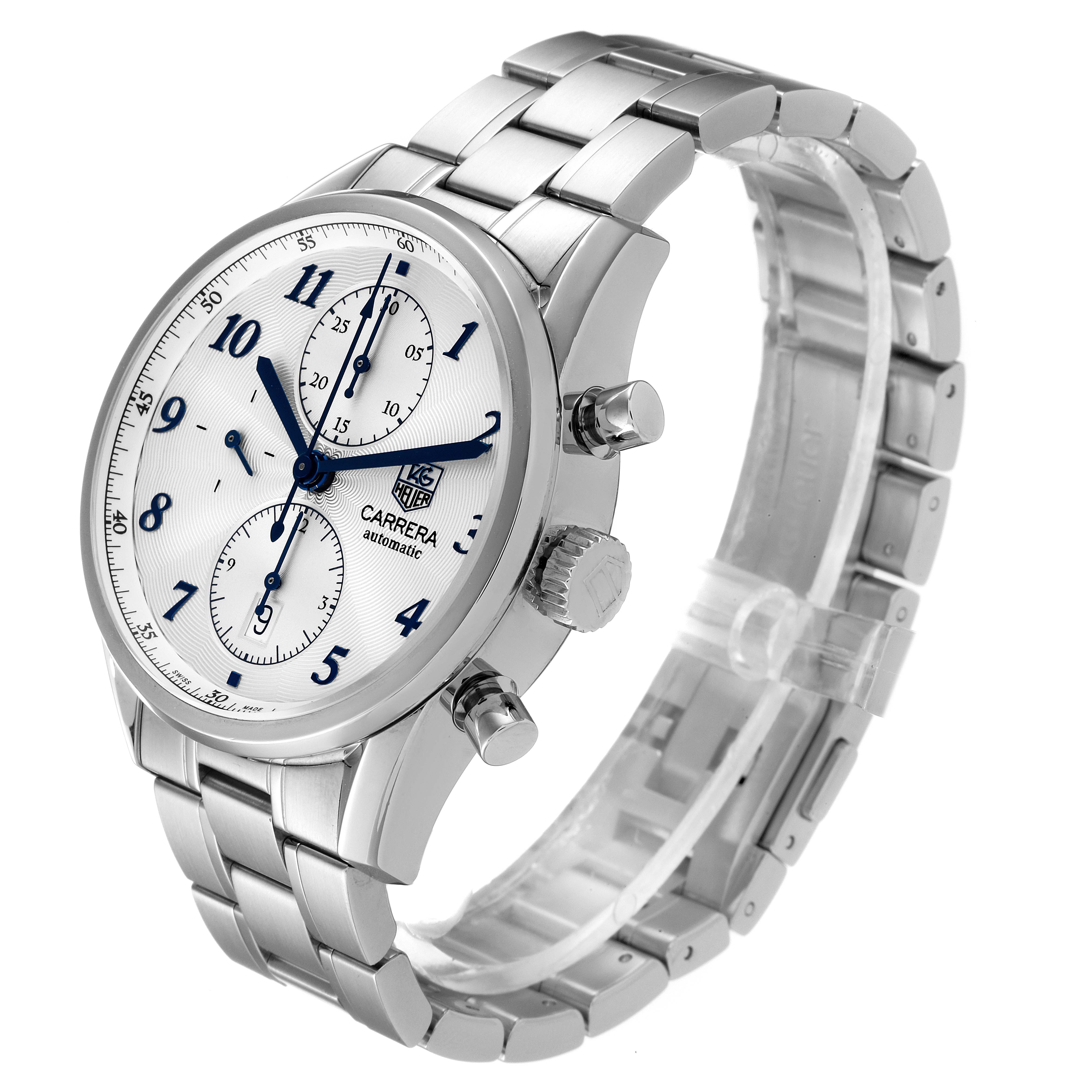 The Tag Heuer Carrera CAS2111.BA0730 Men's Stainless Steel Silver Dial CAS2111.BA0730 Men's Stainless Steel Silver Dial watch is shown at an oblique angle, highlighting the face, chronograph dials, buttons, and bracelet.
