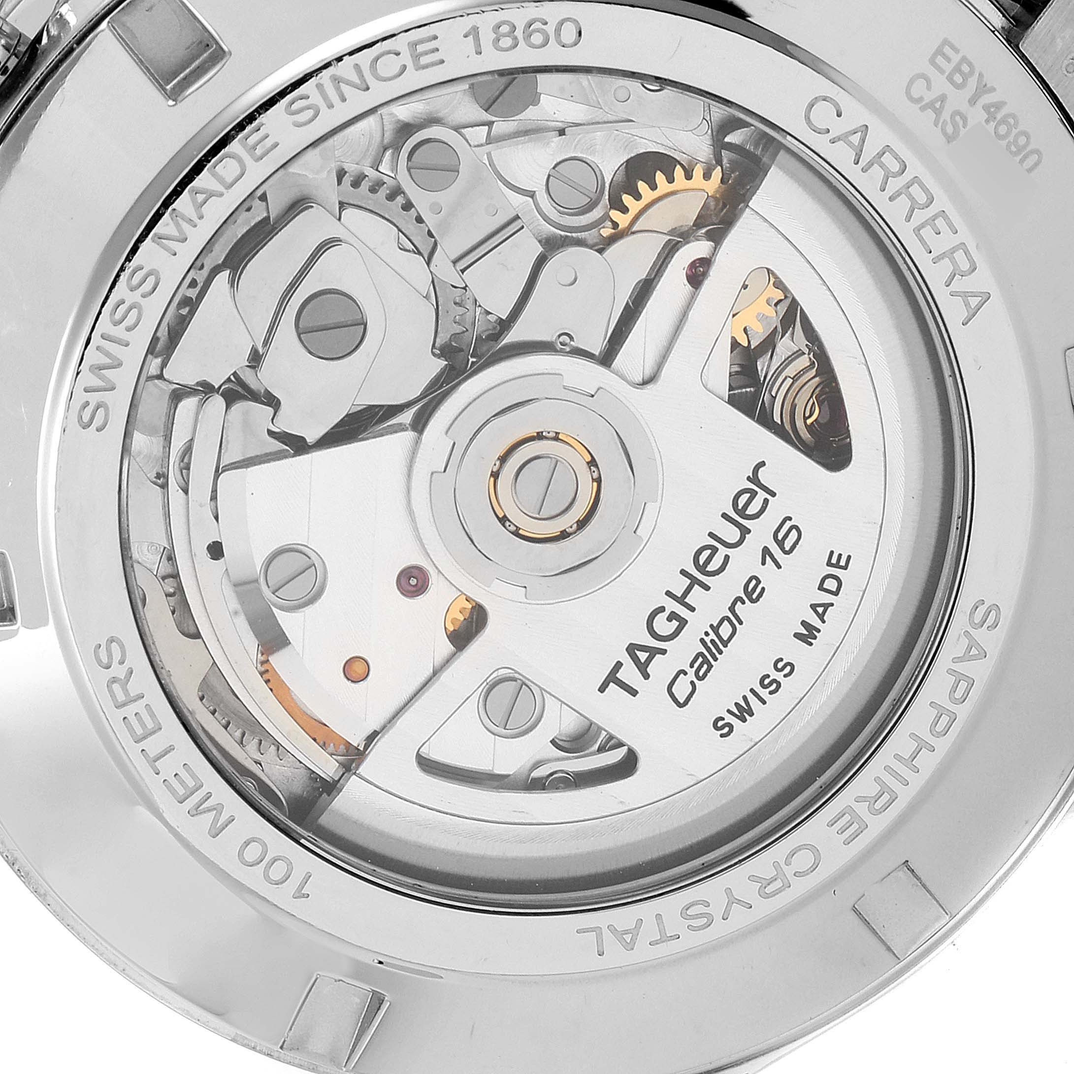 This image shows the back view of a Tag Heuer Carrera CAS2111.BA0730 Men's Stainless Steel Silver Dial CAS2111.BA0730 Men's Stainless Steel Silver Dial watch, highlighting its Calibre 16 movement and internal mechanisms.