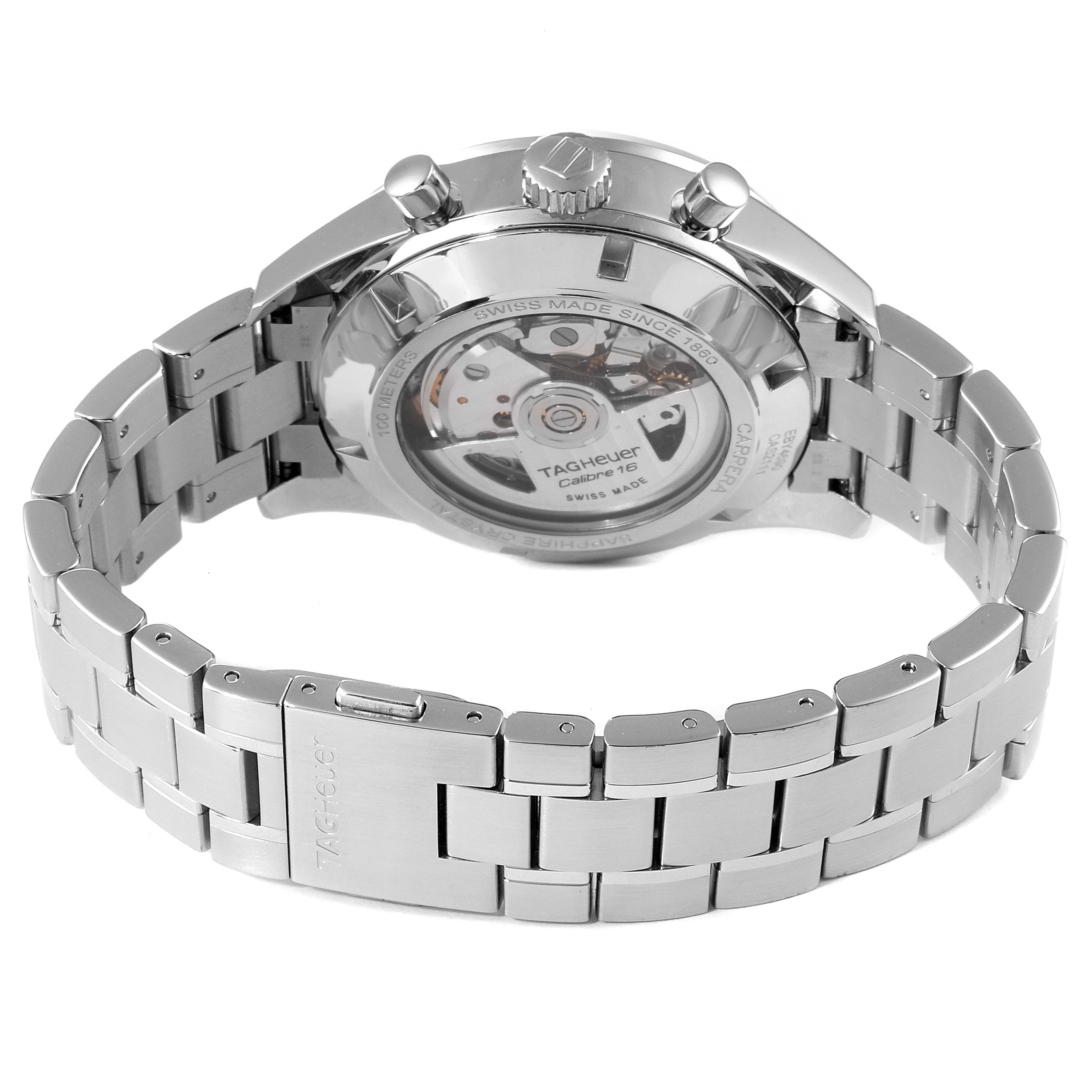 The image shows the back view of a Tag Heuer Carrera CAS2111.BA0730 Men's Stainless Steel Silver Dial CAS2111.BA0730 Men's Stainless Steel Silver Dial watch, highlighting its metal bracelet and case back.