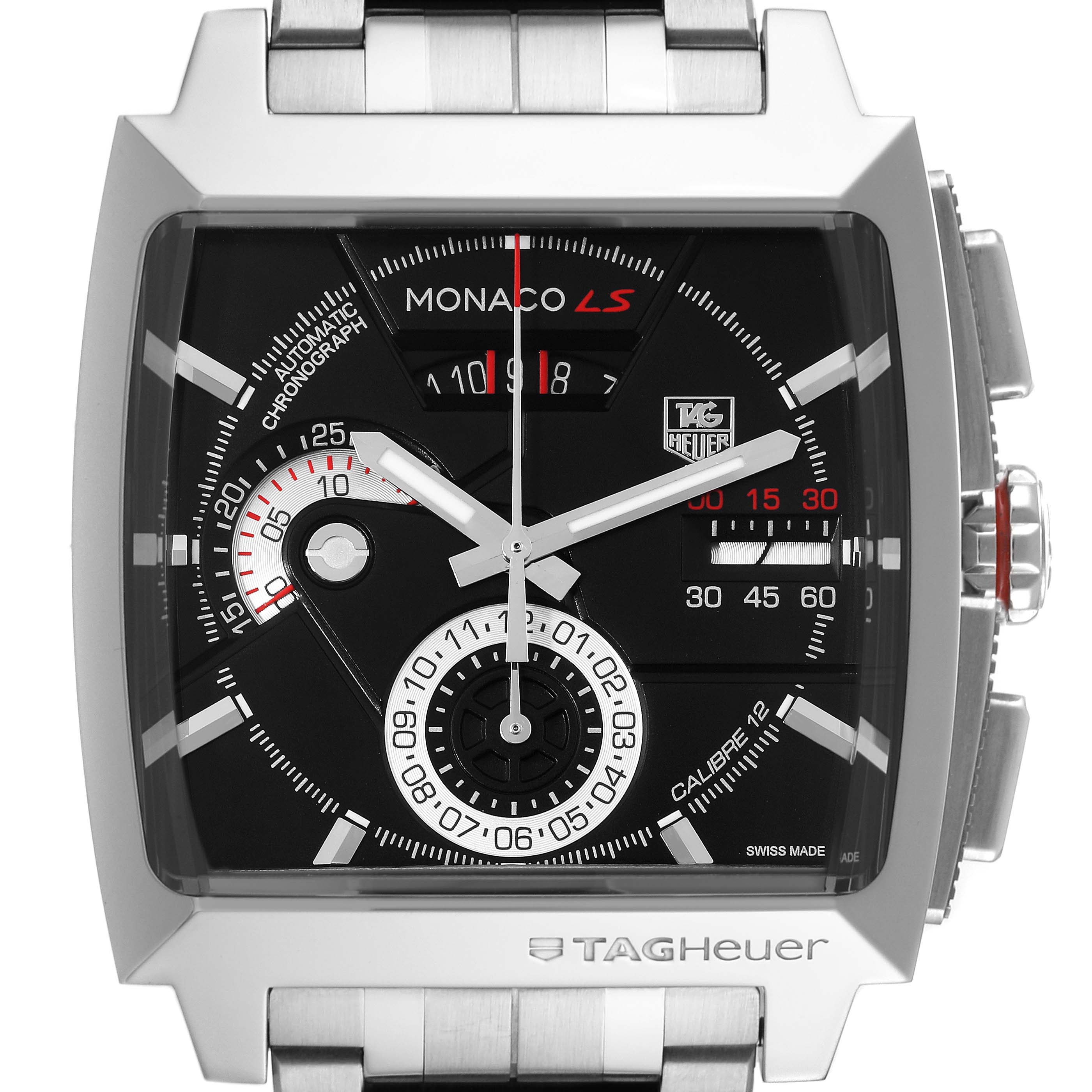 The image shows a close-up, front-facing view of the Tag Heuer Monaco CAL2110.BA0781 Men's Stainless Steel Black Dial CAL2110.BA0781 Men's Stainless Steel Black Dial model watch, highlighting its square dial, chronograph function, and stainless steel case.