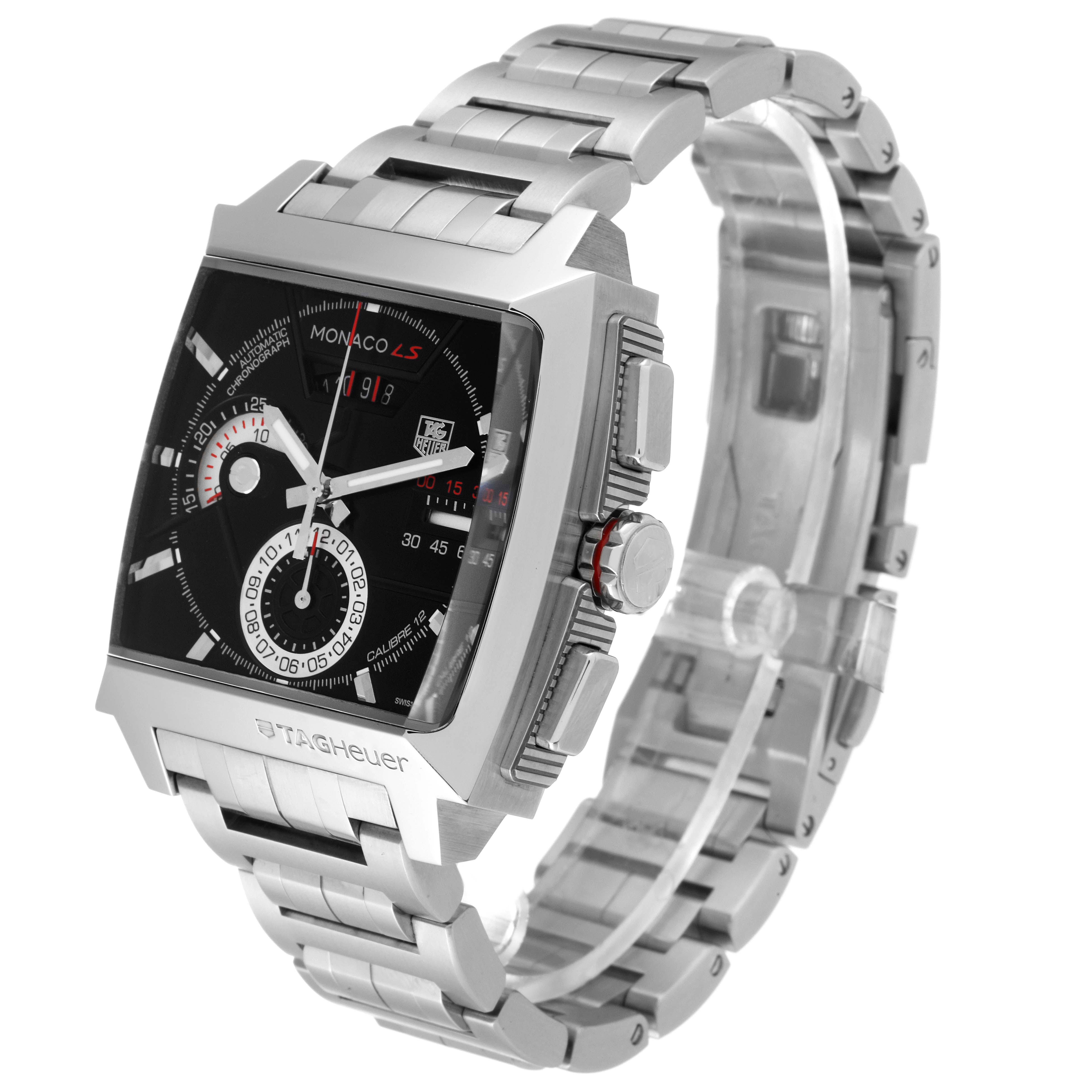 The image shows a Tag Heuer Monaco CAL2110.BA0781 Men's Stainless Steel Black Dial CAL2110.BA0781 Men's Stainless Steel Black Dial model watch from a slight angle, highlighting its face, bezel, and stainless steel bracelet.