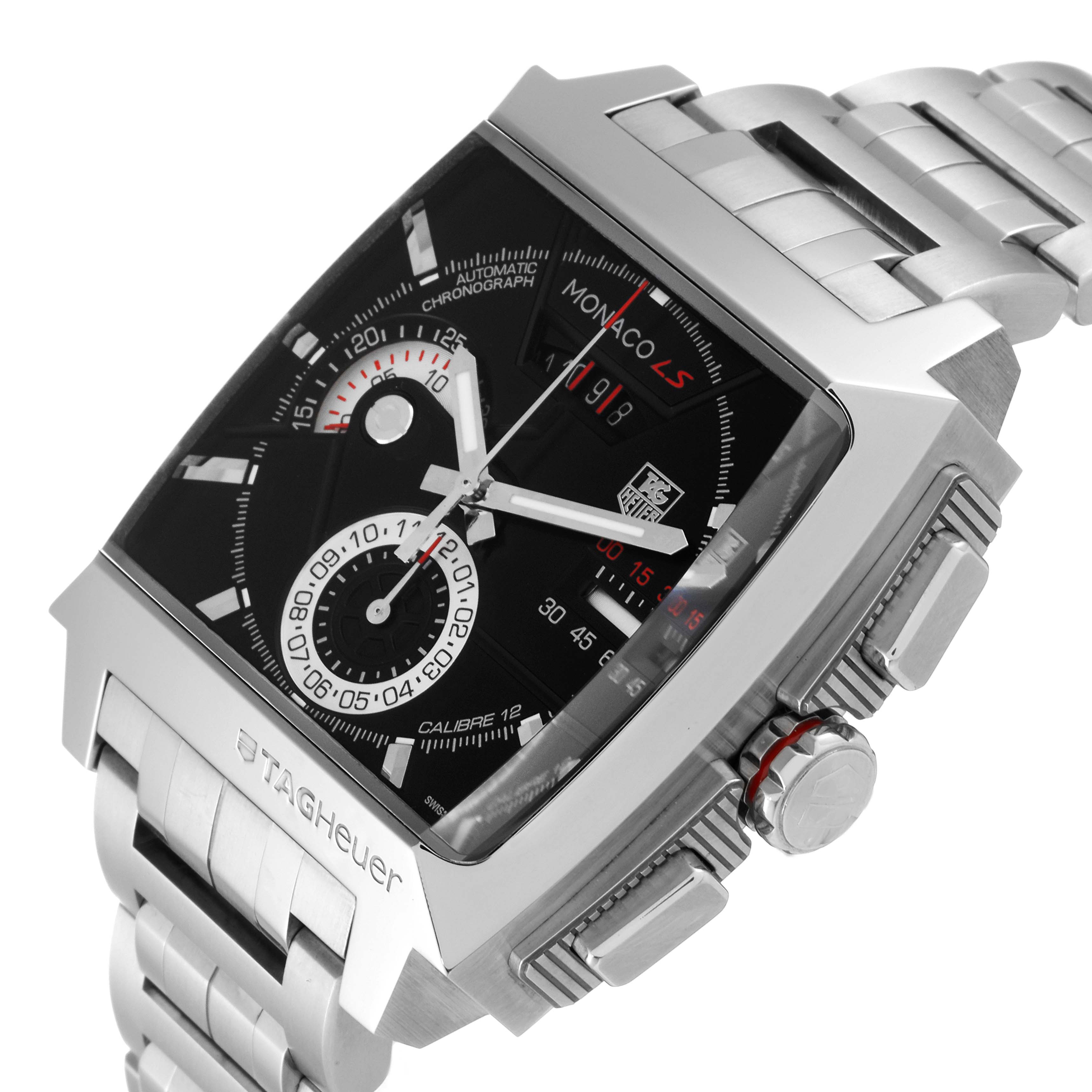 The image shows a Tag Heuer Monaco CAL2110.BA0781 Men's Stainless Steel Black Dial CAL2110.BA0781 Men's Stainless Steel Black Dial watch at an angled close-up, highlighting the face, crown, and a portion of the metal bracelet.