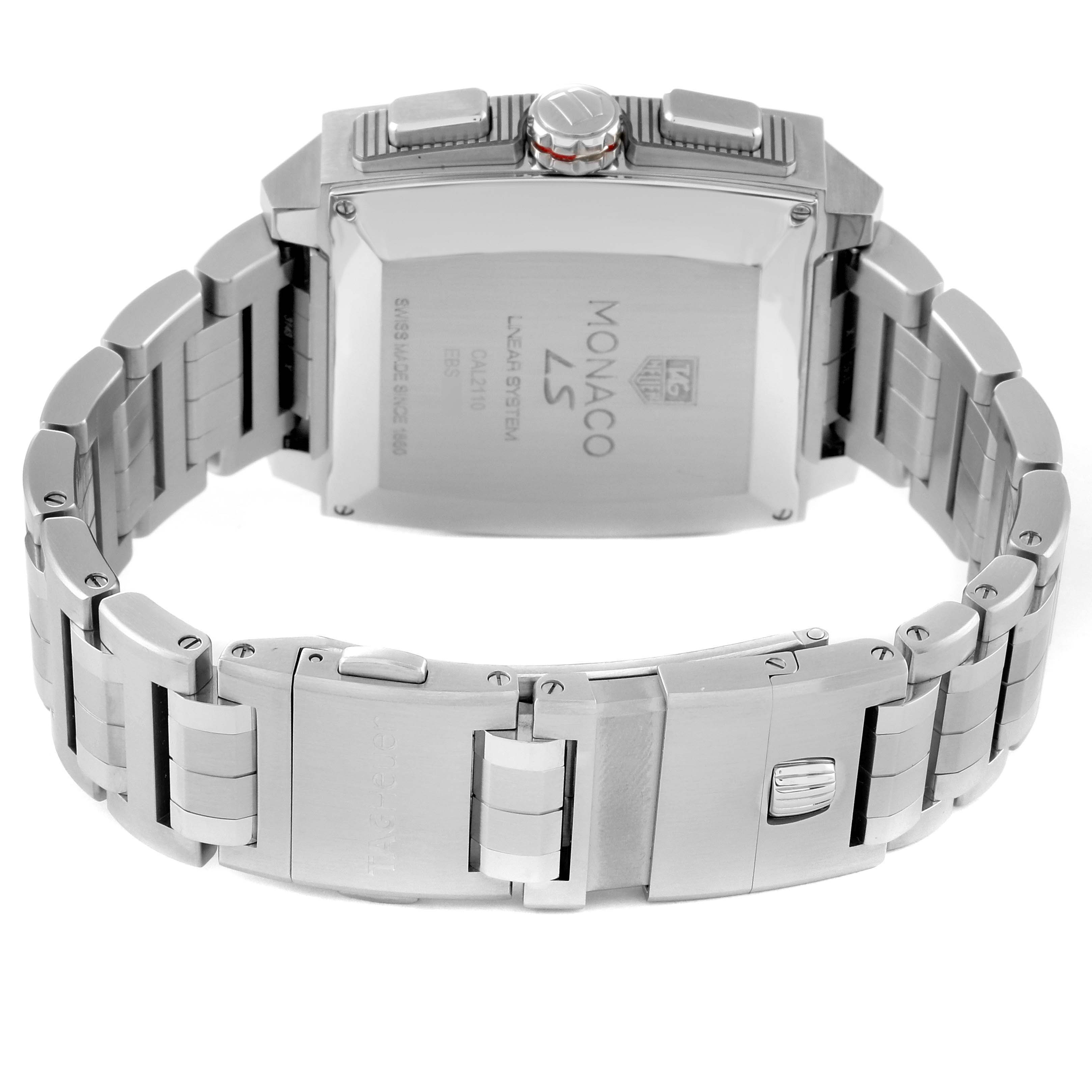 This image shows the back and clasp of a Tag Heuer Monaco CAL2110.BA0781 Men's Stainless Steel Black Dial CAL2110.BA0781 Men's Stainless Steel Black Dial model watch, highlighting the metal bracelet and case back.