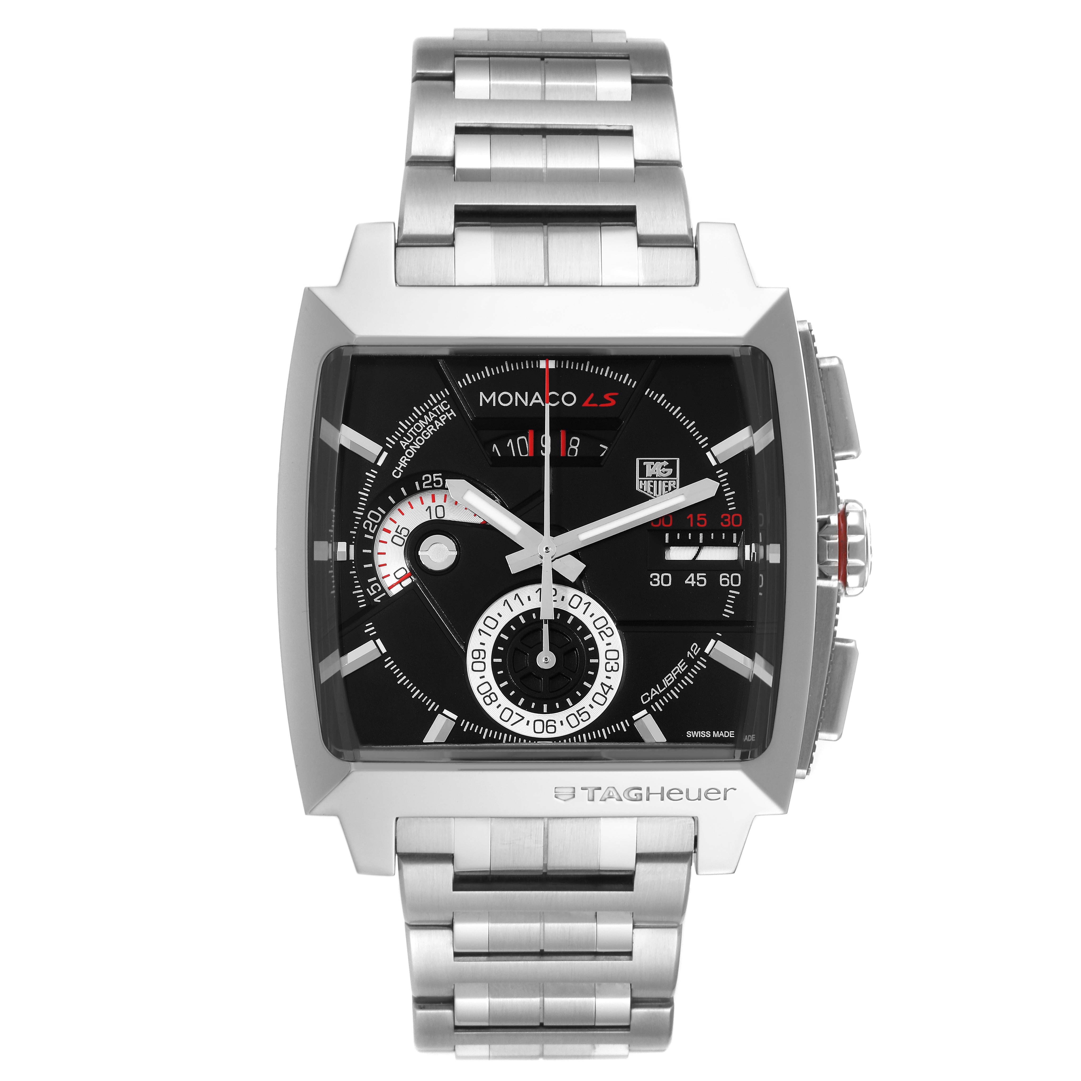 The image shows a front view of a Tag Heuer Monaco CAL2110.BA0781 Men's Stainless Steel Black Dial CAL2110.BA0781 Men's Stainless Steel Black Dial watch, displaying its square face, dial, and metal bracelet.