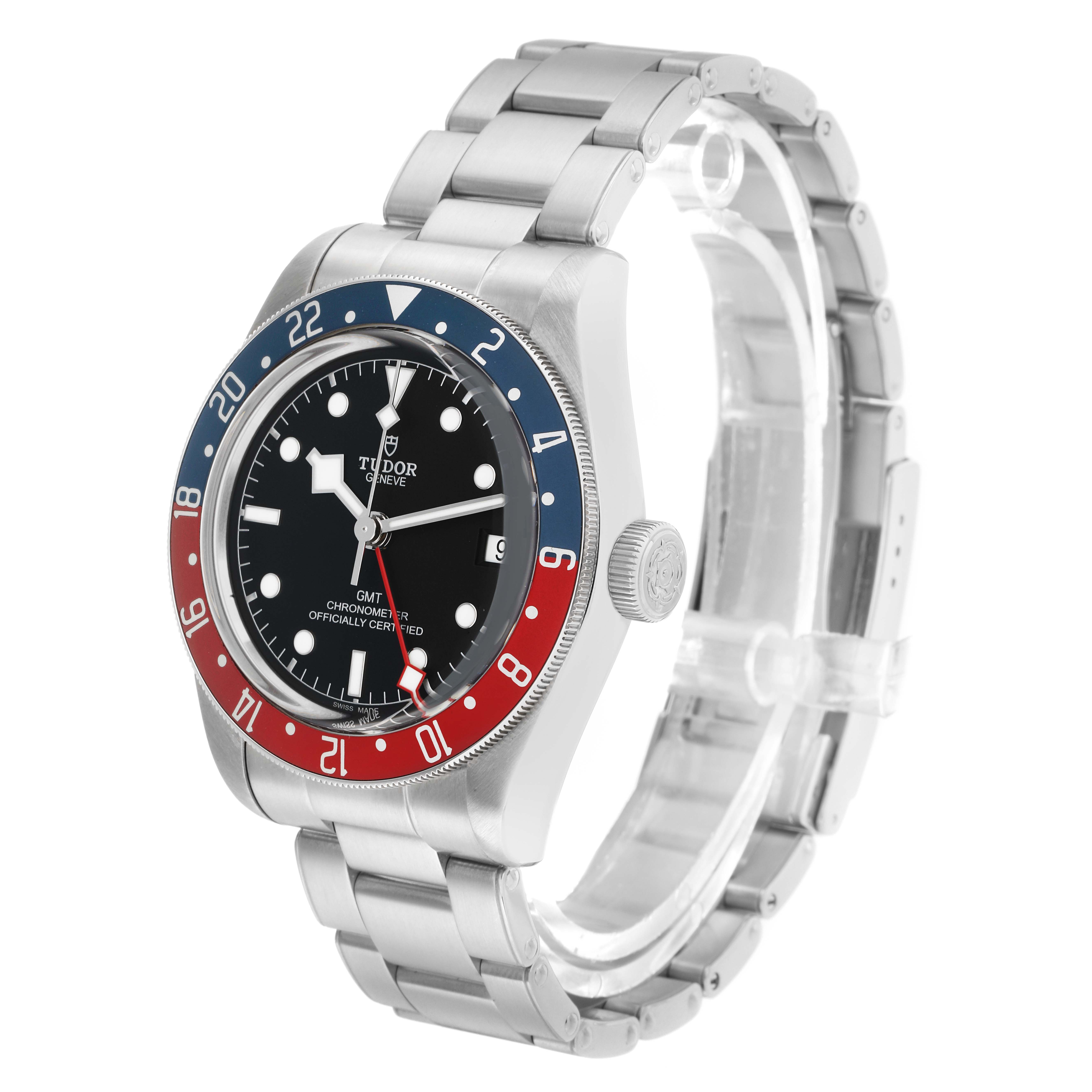 The Tudor Heritage Black Bay 79830RB Men
s Stainless Steel Black Dial watch is shown at a side angle, displaying its bezel, crown, and bracelet.