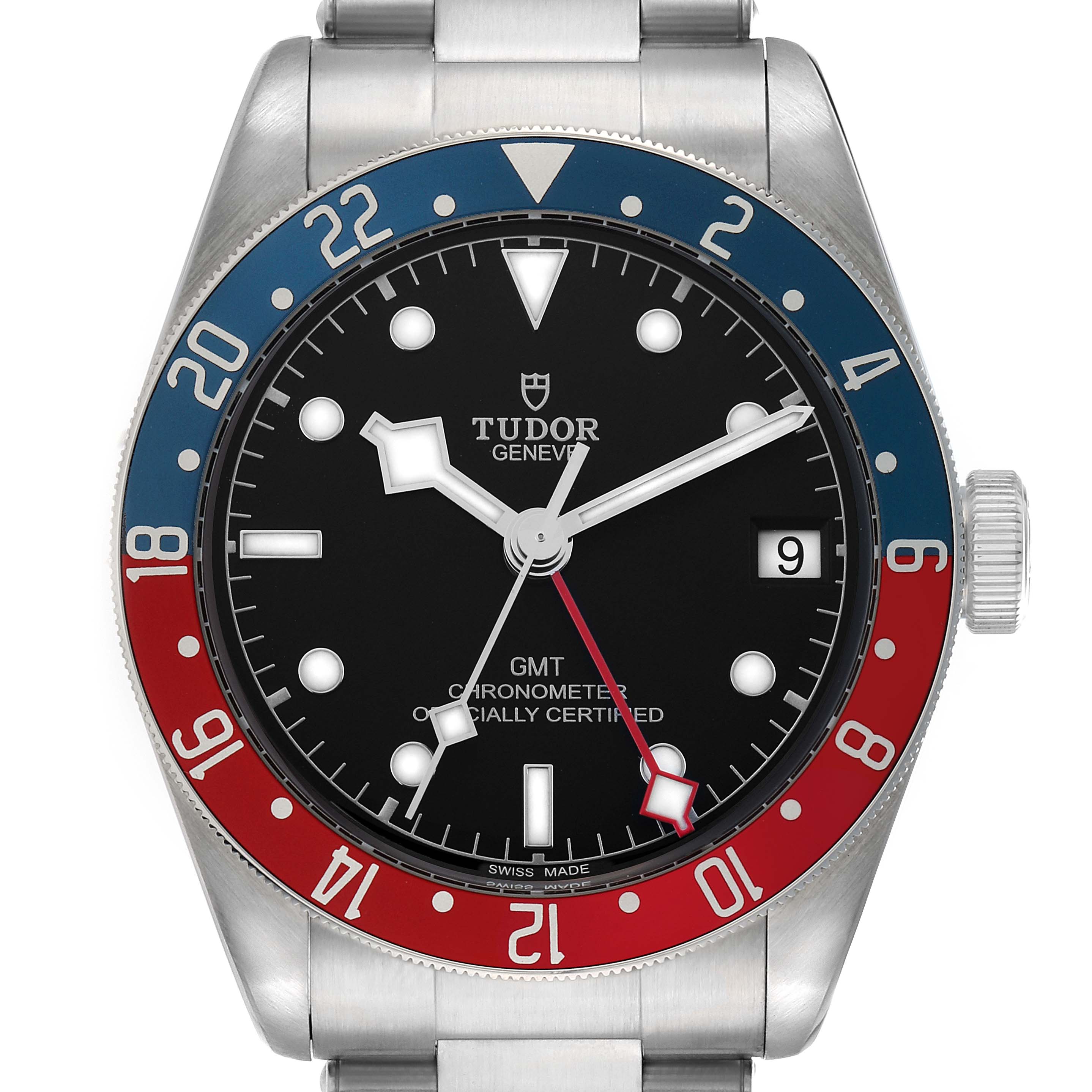 The Tudor Heritage Black Bay 79830RB Men
s Stainless Steel Black Dial watch is shown from the front, displaying the bezel, dial, hands, and crown.