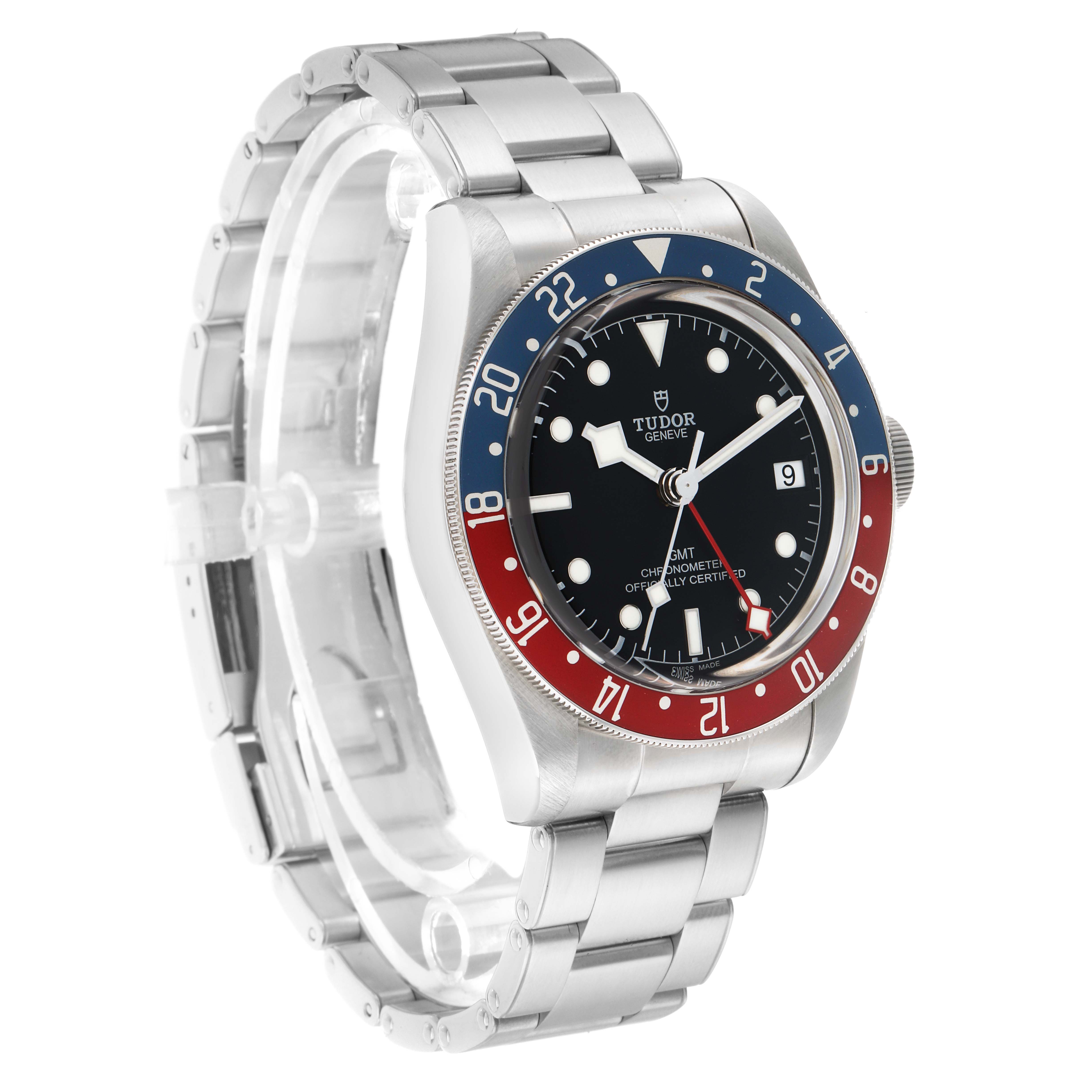 The watch is shown at a three-quarter angle, displaying the Tudor Heritage Black Bay 79830RB Men
s Stainless Steel Black Dial
s bezel, dial, and bracelet.