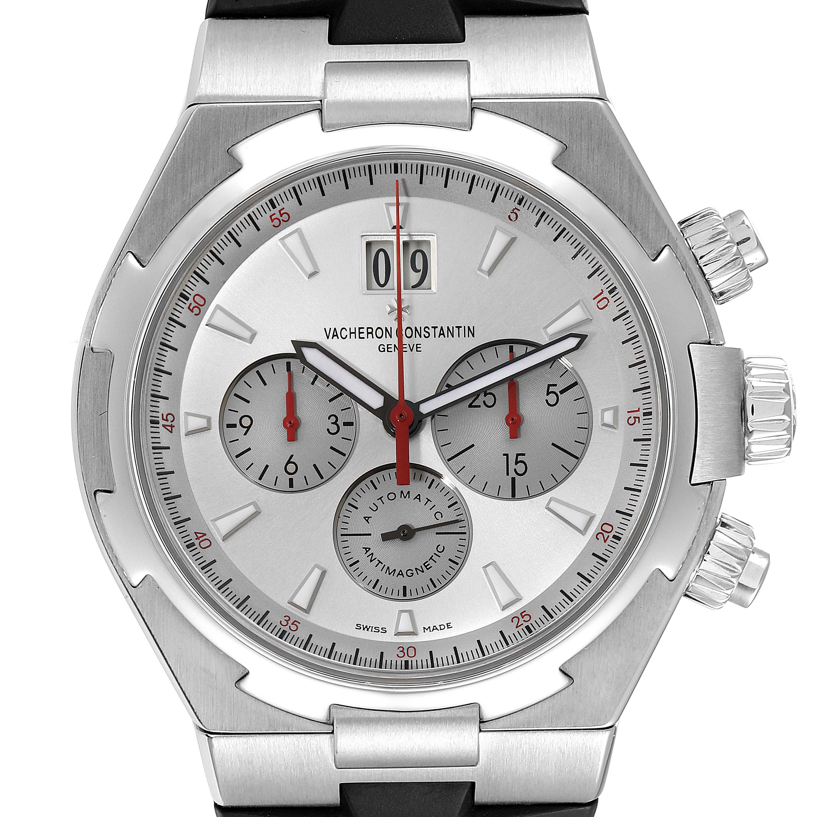 The image shows a front view of the Vacheron Constantin Overseas 49150/000A-9017 Men
s Stainless Steel Silver Dial 49150/000A-9017 Men
s Stainless Steel Silver Dial watch, highlighting the dial, chronograph subdials, date window, and crown.