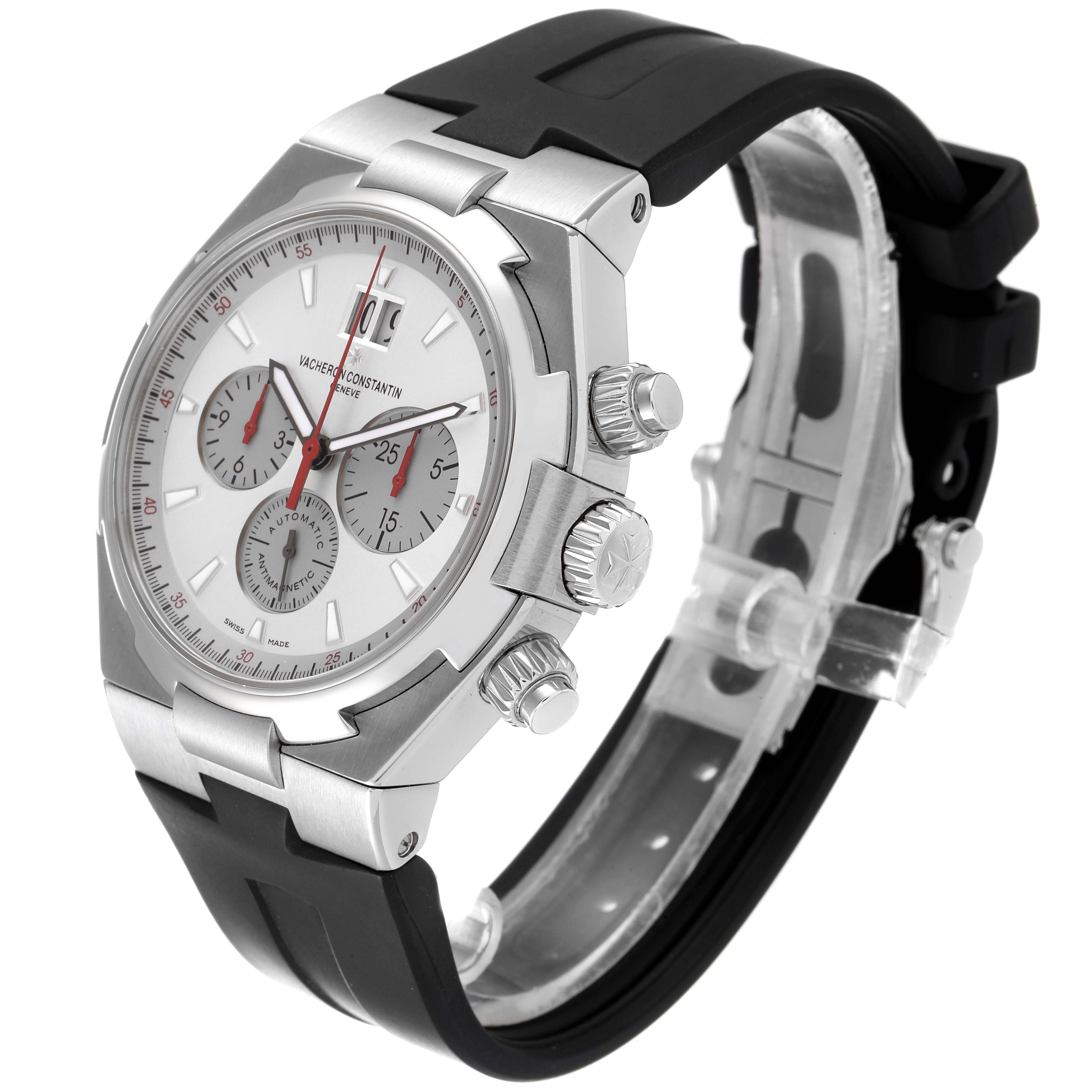 The Vacheron Constantin Overseas 49150/000A-9017 Men
s Stainless Steel Silver Dial 49150/000A-9017 Men
s Stainless Steel Silver Dial watch is shown at a three-quarter angle, highlighting its face, crown, pushers, and black strap.