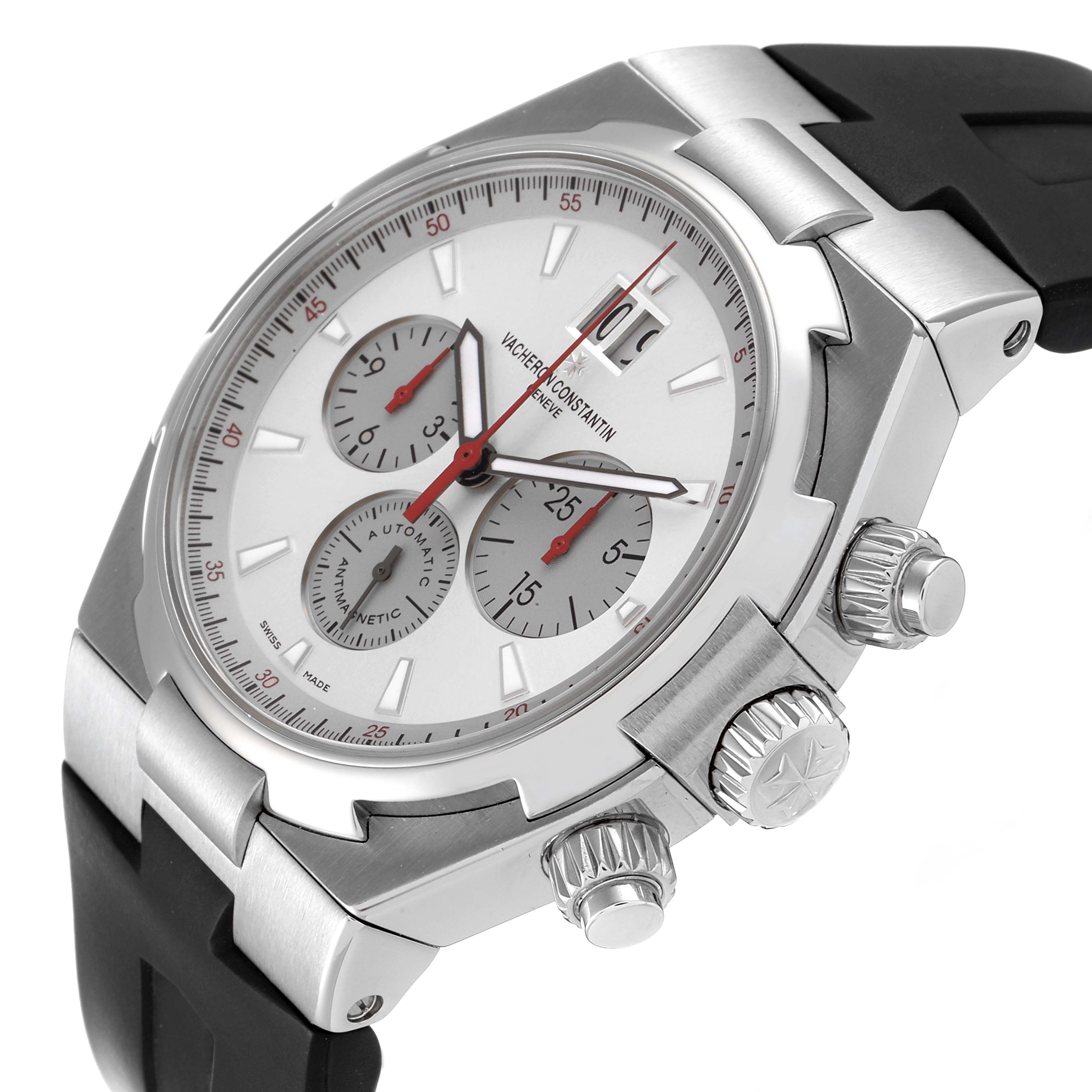 The image shows a Vacheron Constantin Overseas 49150/000A-9017 Men
s Stainless Steel Silver Dial 49150/000A-9017 Men
s Stainless Steel Silver Dial watch at an angled view, featuring the dial, crown, pushers, and part of the strap.