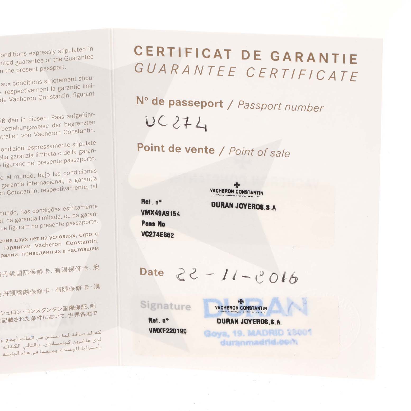 The image shows the guarantee certificate for a Vacheron Constantin Overseas 49150/000A-9017 Men
s Stainless Steel Silver Dial 49150/000A-9017 Men
s Stainless Steel Silver Dial model watch.
