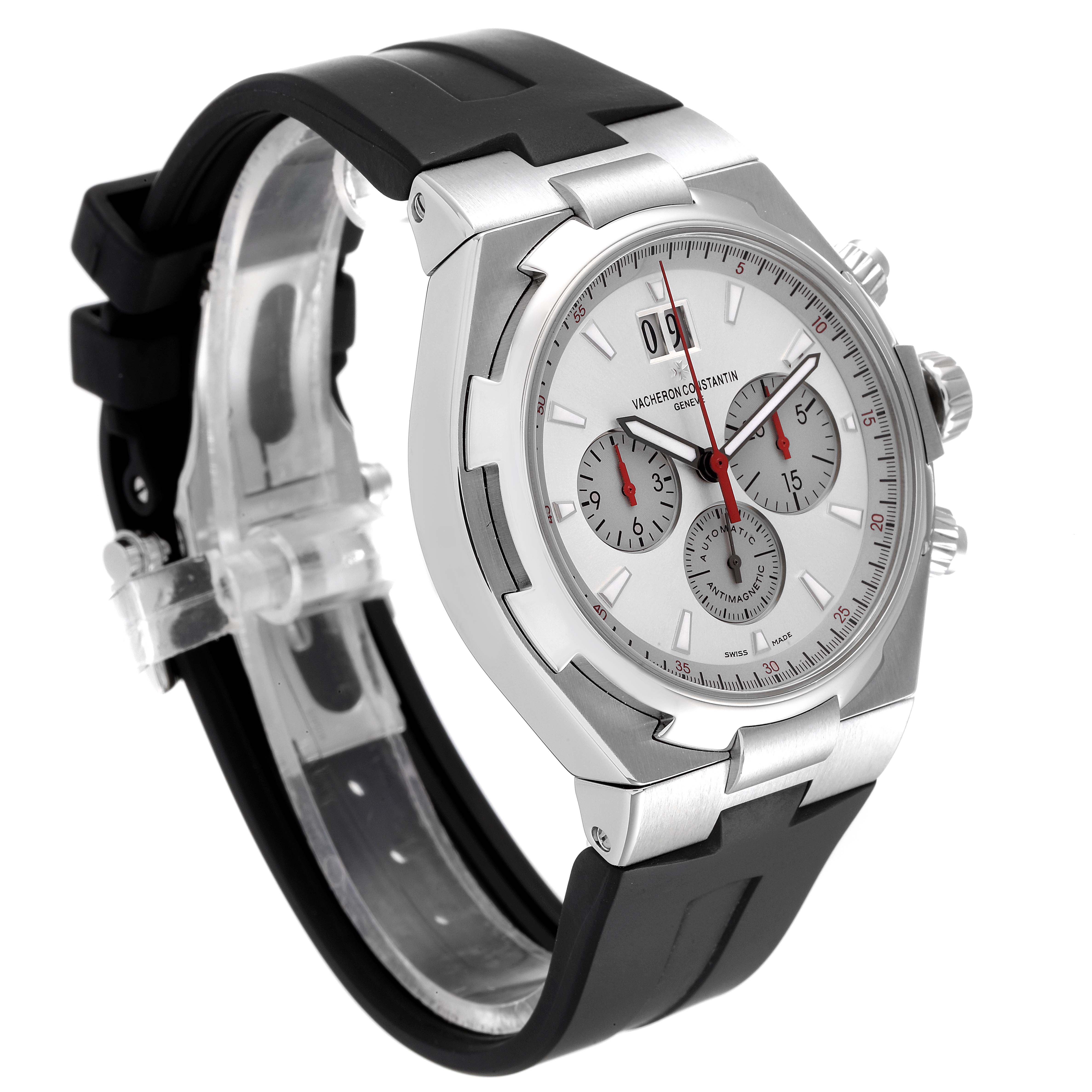 The image shows a Vacheron Constantin Overseas 49150/000A-9017 Men
s Stainless Steel Silver Dial 49150/000A-9017 Men
s Stainless Steel Silver Dial watch at a three-quarter angle, highlighting the black strap, bezel, and watch face.