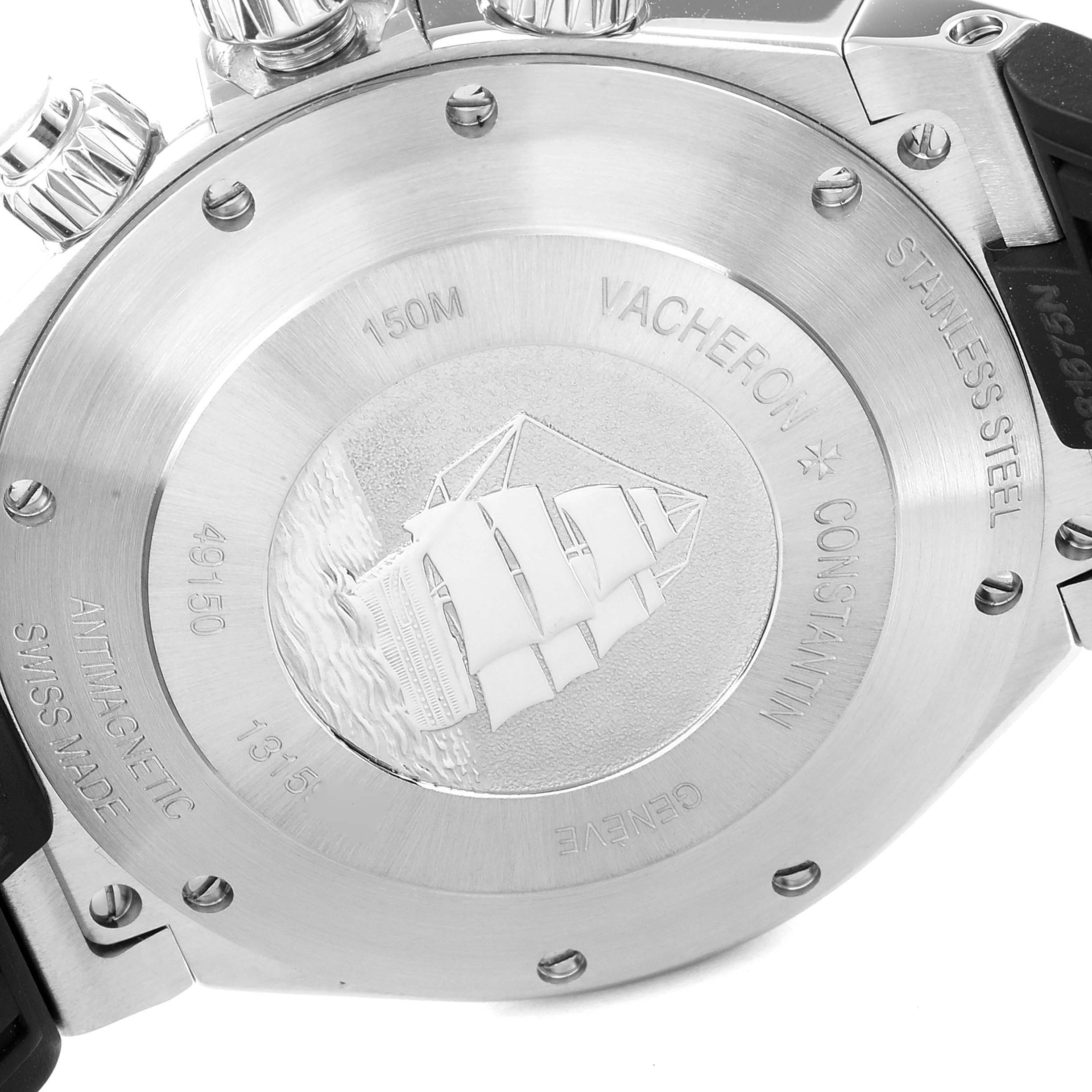 This image shows the back casing of a Vacheron Constantin Overseas 49150/000A-9017 Men
s Stainless Steel Silver Dial 49150/000A-9017 Men
s Stainless Steel Silver Dial watch, highlighting its engravings and text details.