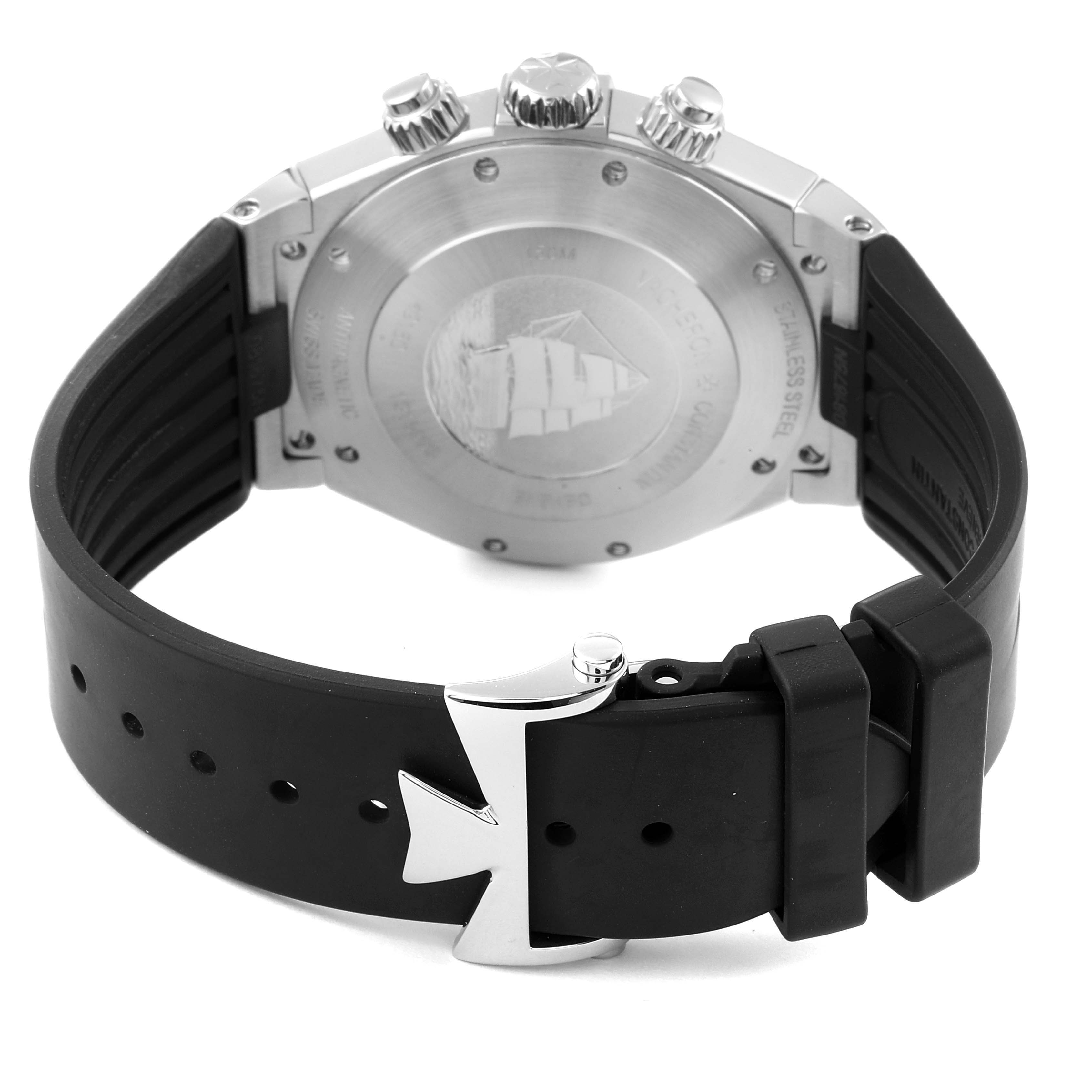 The Vacheron Constantin Overseas 49150/000A-9017 Men
s Stainless Steel Silver Dial 49150/000A-9017 Men
s Stainless Steel Silver Dial model watch is shown from the back, highlighting the case back, crown, and black rubber strap with clasp.