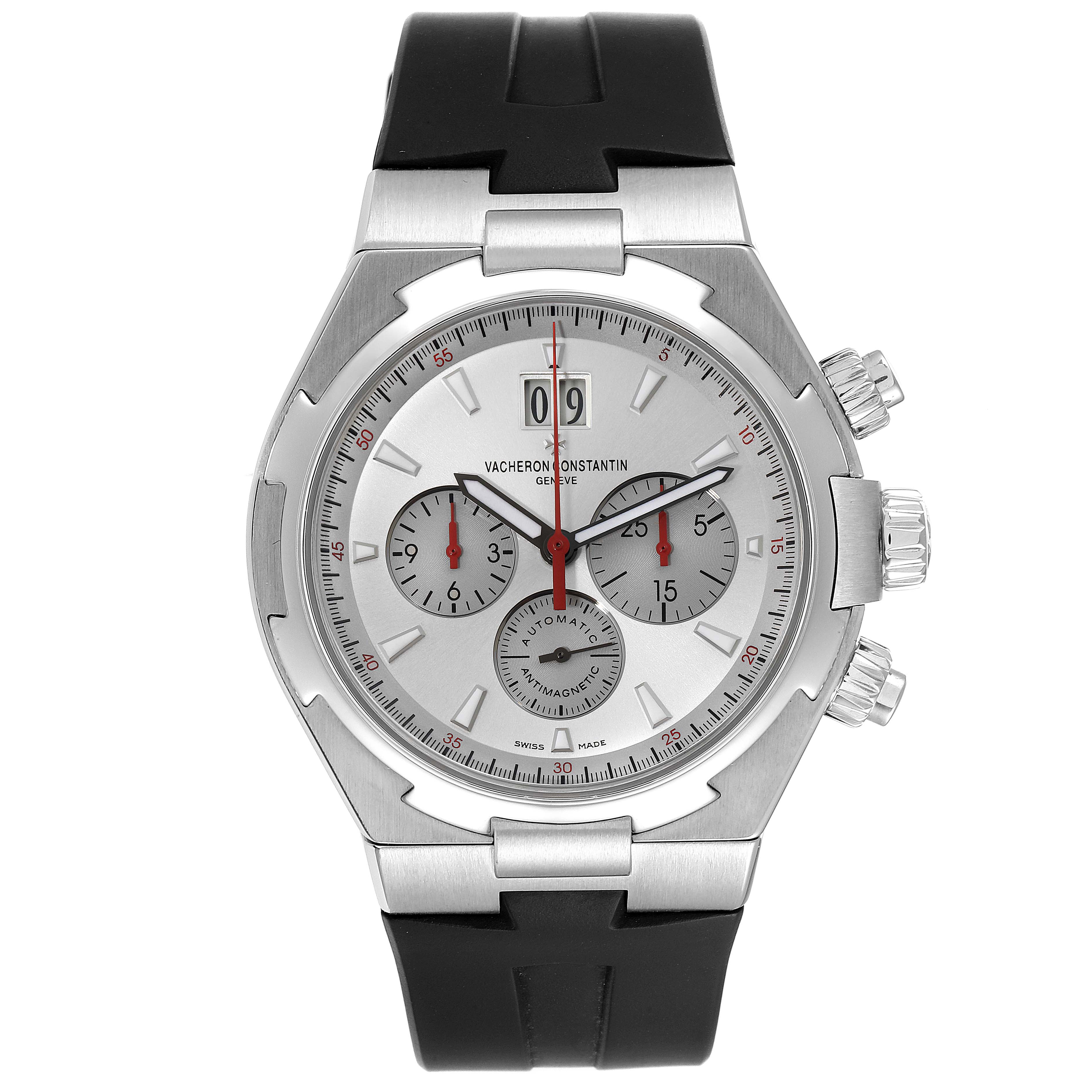 The image shows a front view of the Vacheron Constantin Overseas 49150/000A-9017 Men
s Stainless Steel Silver Dial 49150/000A-9017 Men
s Stainless Steel Silver Dial model watch, displaying its dial, bezel, and strap.