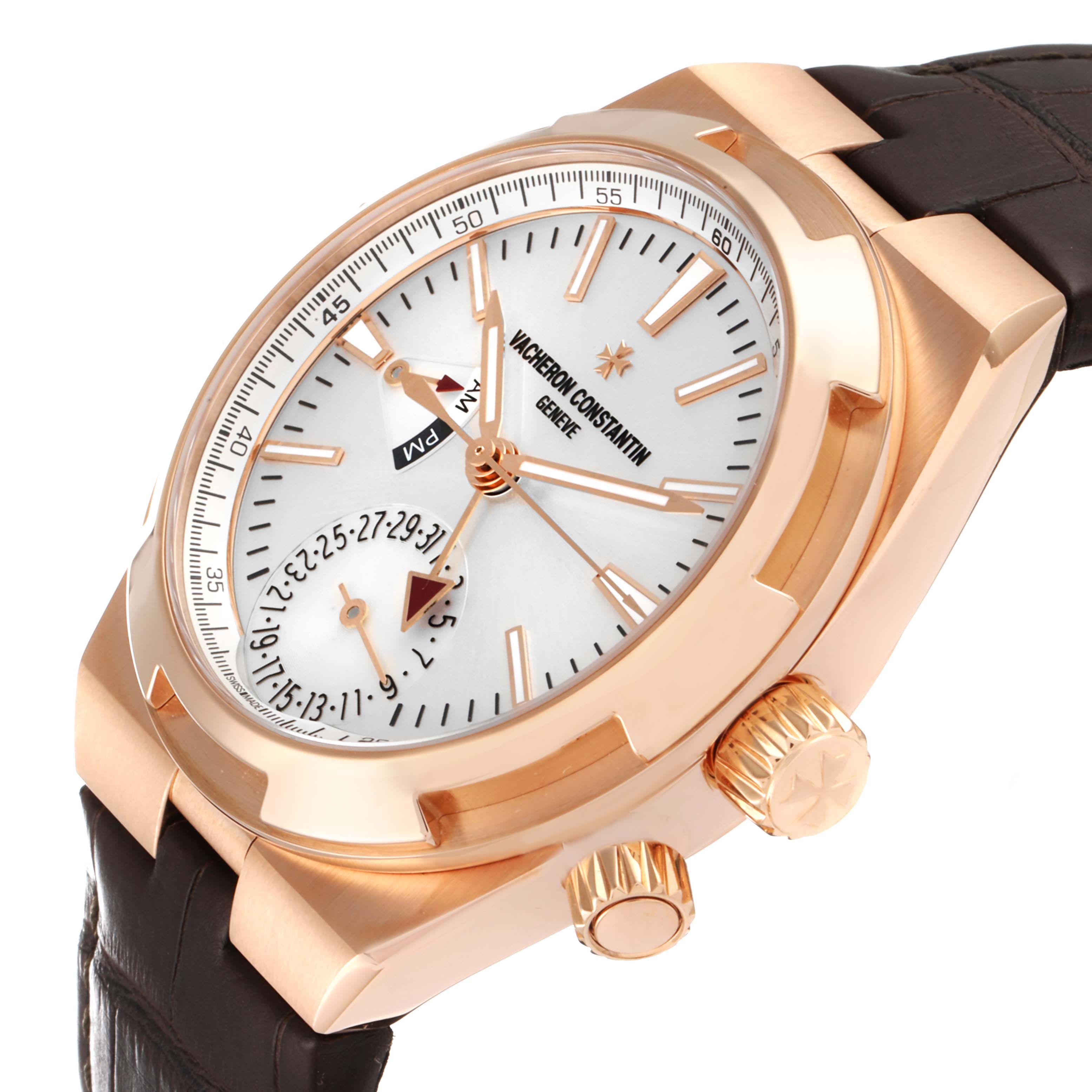 The image shows a Vacheron Constantin Overseas 7900V/000R-B336 Men
s Rose Gold Silver Dial 7900V/000R-B336 Men
s Rose Gold Silver Dial model watch at a slight angle, highlighting the face, crown, and leather strap.