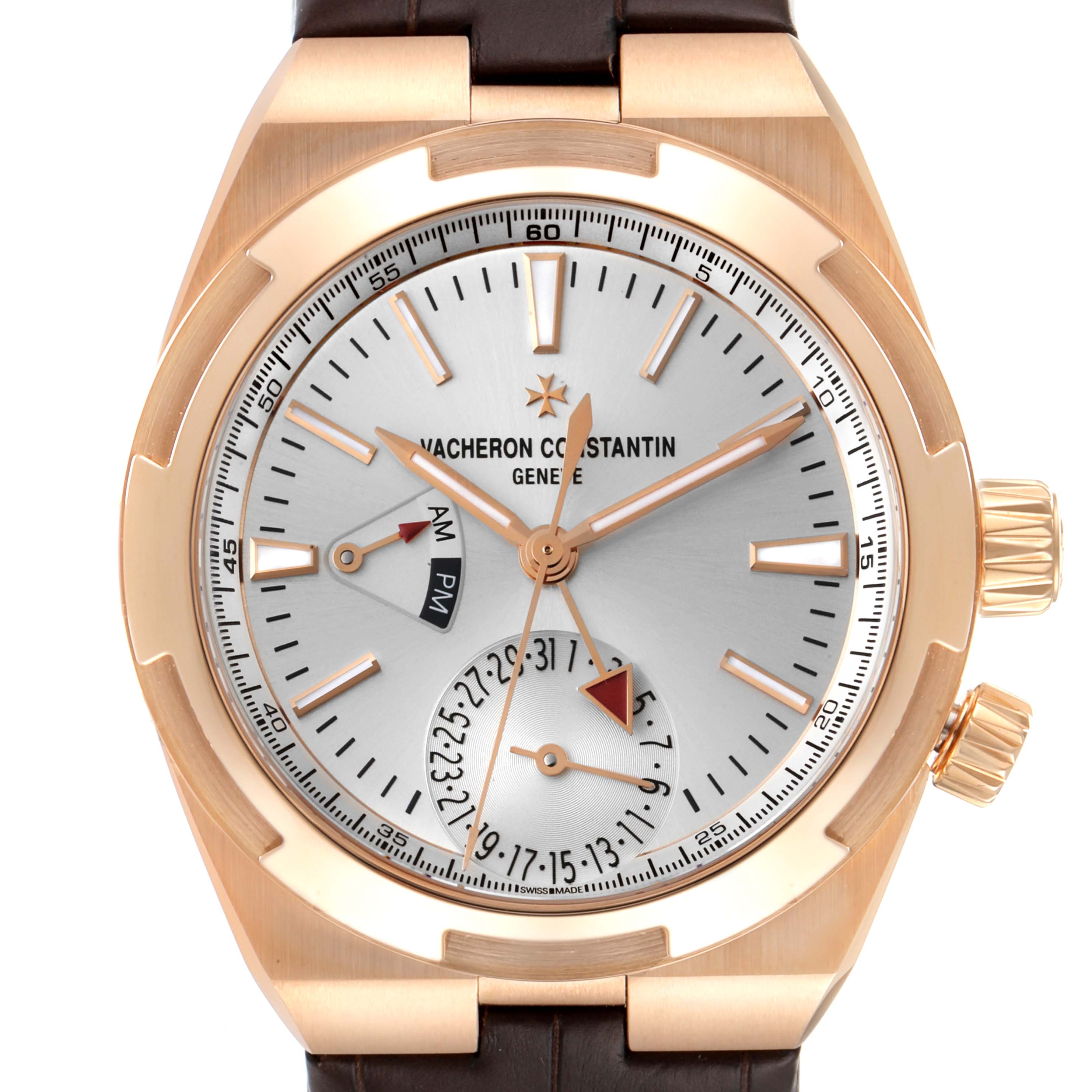 The image shows a front view of the Vacheron Constantin Overseas 7900V/000R-B336 Men
s Rose Gold Silver Dial 7900V/000R-B336 Men
s Rose Gold Silver Dial watch, highlighting the dial, hands, crown, and a portion of the strap.