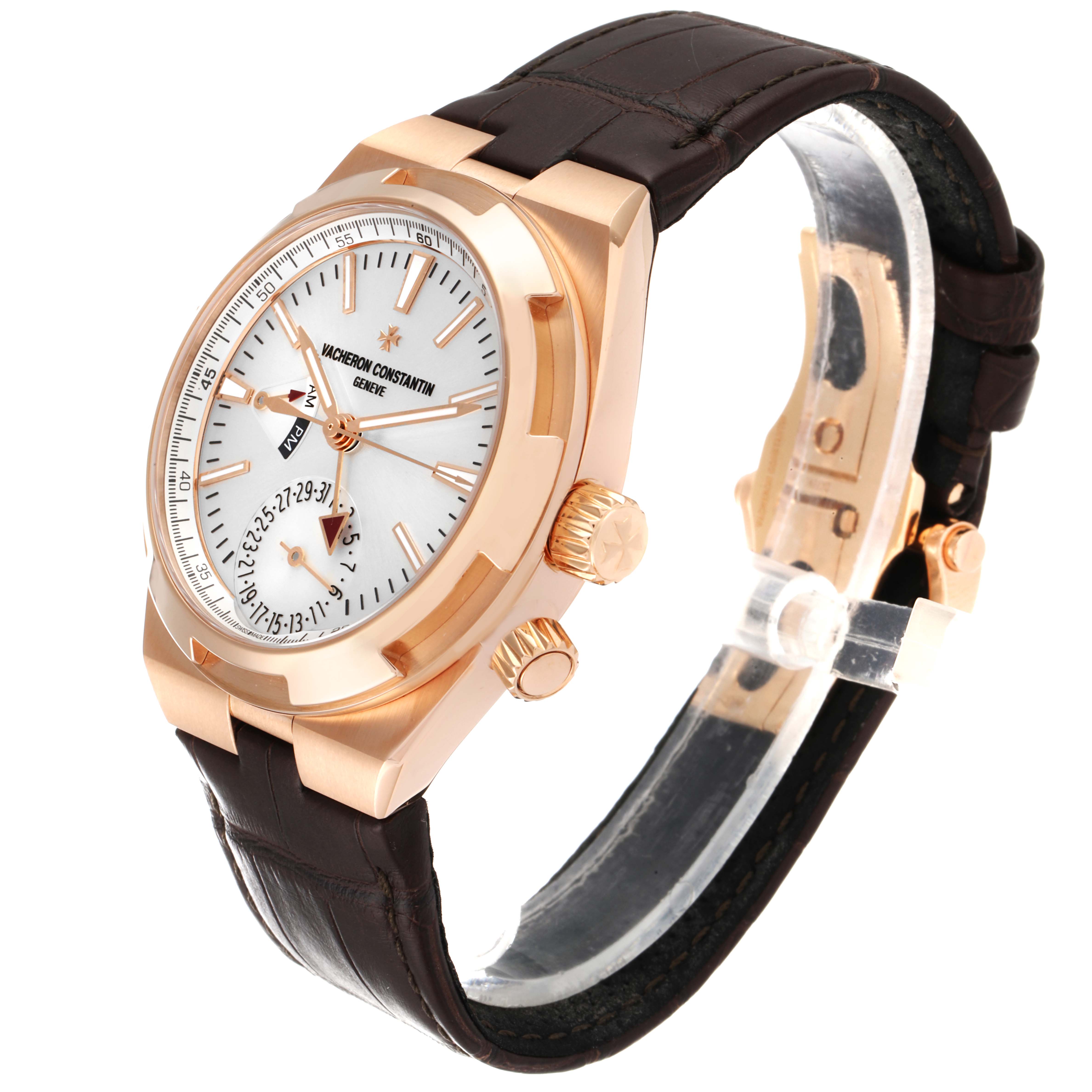 The Vacheron Constantin Overseas 7900V/000R-B336 Men
s Rose Gold Silver Dial 7900V/000R-B336 Men
s Rose Gold Silver Dial watch is displayed at a three-quarter angle, showing the face, case, crown, and leather strap.