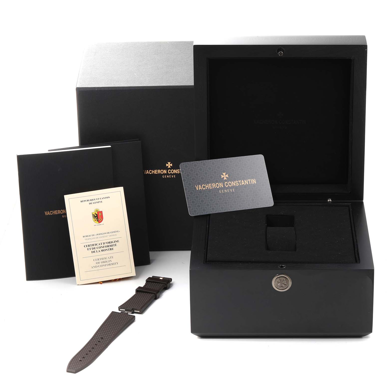 The image shows the Vacheron Constantin Overseas 7900V/000R-B336 Men
s Rose Gold Silver Dial 7900V/000R-B336 Men
s Rose Gold Silver Dial watch packaging, including a box, booklets, warranty card, and an extra strap.