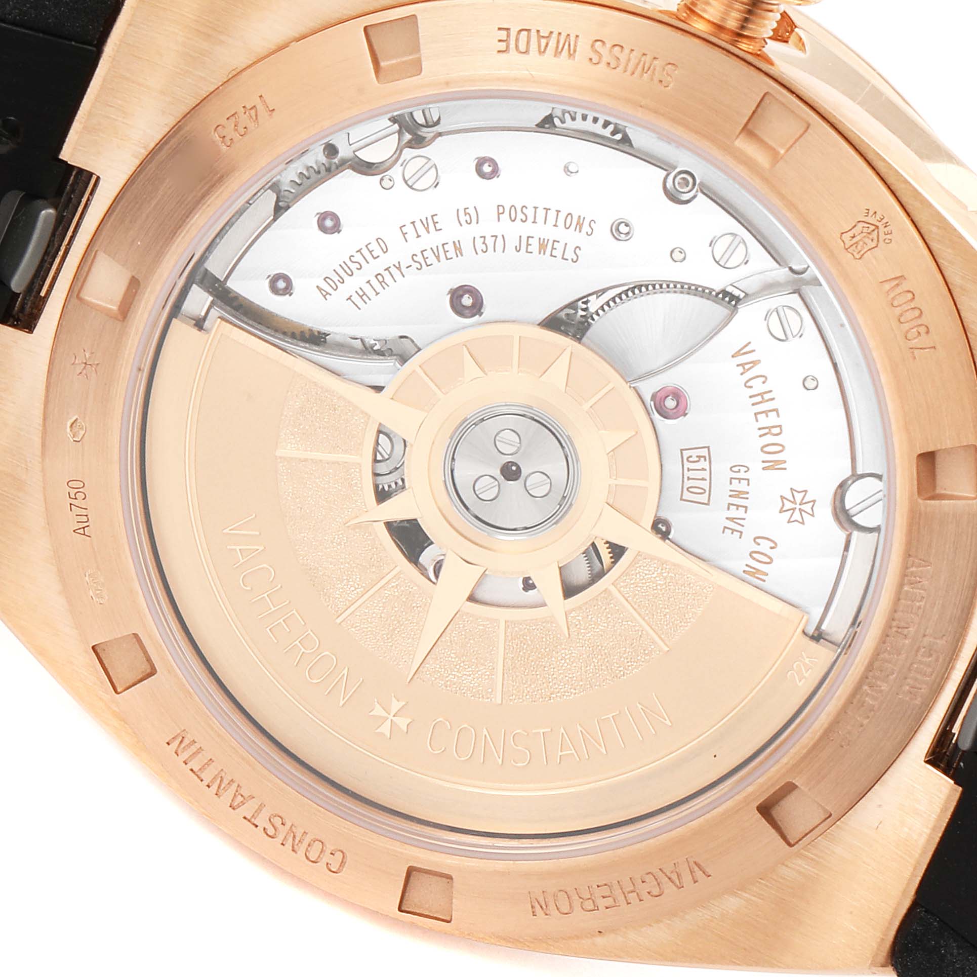 The image shows the rear view of a Vacheron Constantin Overseas 7900V/000R-B336 Men
s Rose Gold Silver Dial 7900V/000R-B336 Men
s Rose Gold Silver Dial model, displaying the watch
s mechanical movement.