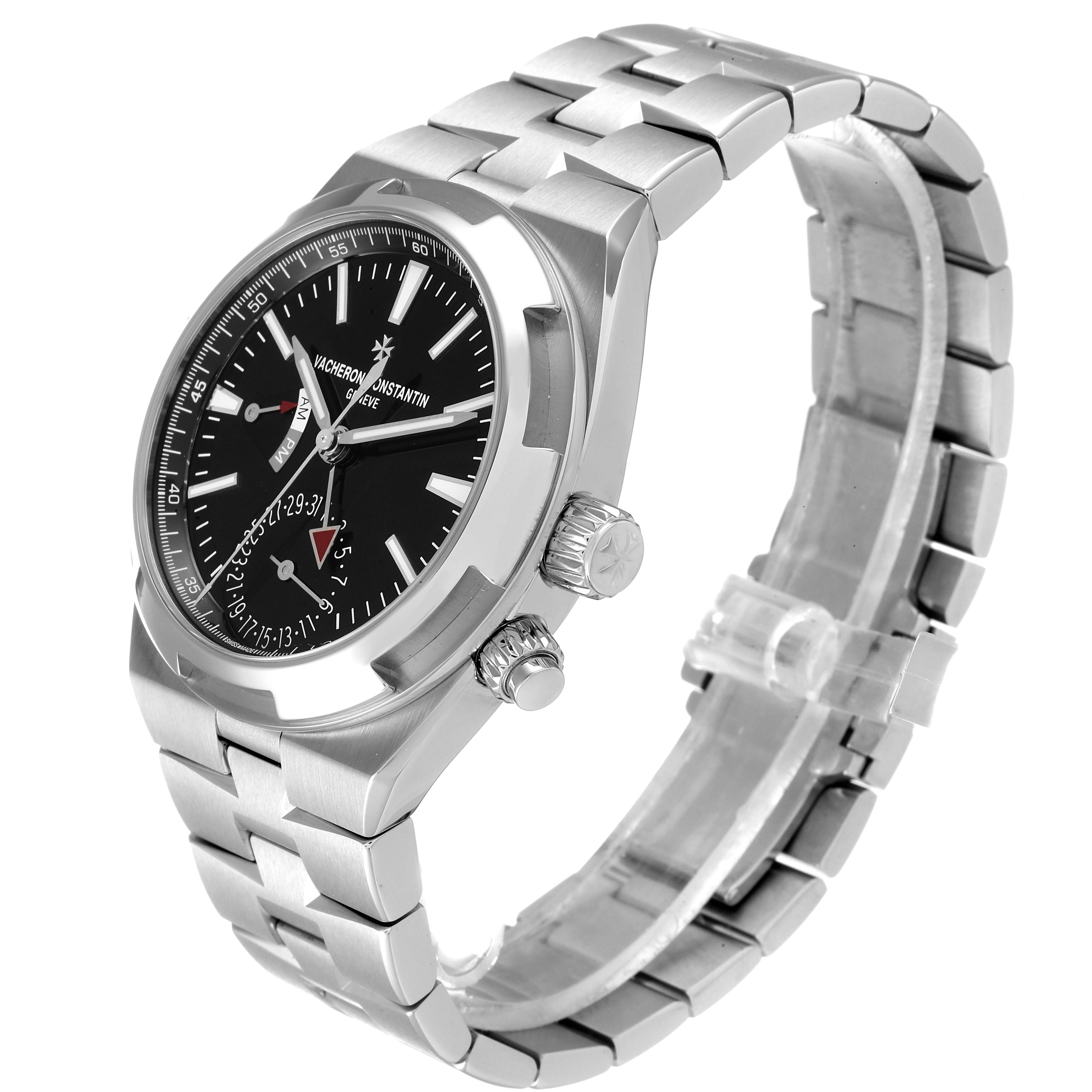 This image shows the Vacheron Constantin Overseas 7900V/110A Men's Stainless Steel Black Dial 7900V/110A Men's Stainless Steel Black Dial watch at a three-quarter angle, highlighting the black dial, case, and bracelet.