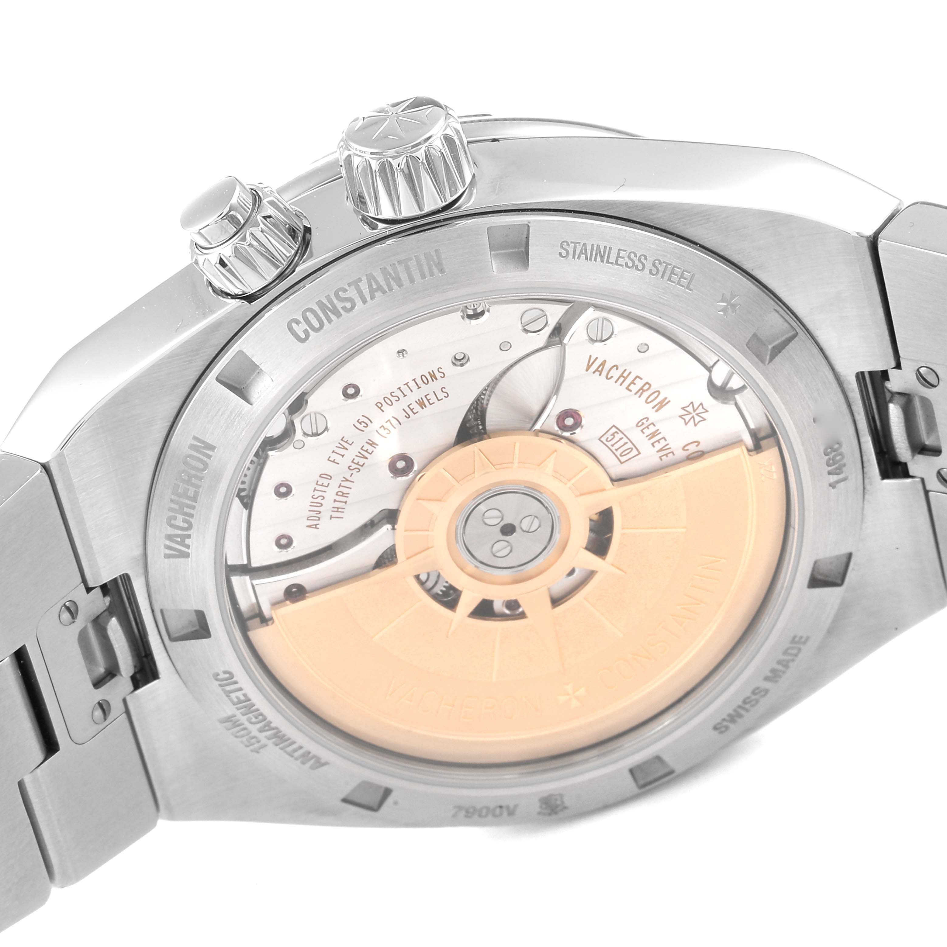 This image shows the case back and movement of a Vacheron Constantin Overseas 7900V/110A Men's Stainless Steel Black Dial 7900V/110A Men's Stainless Steel Black Dial watch.