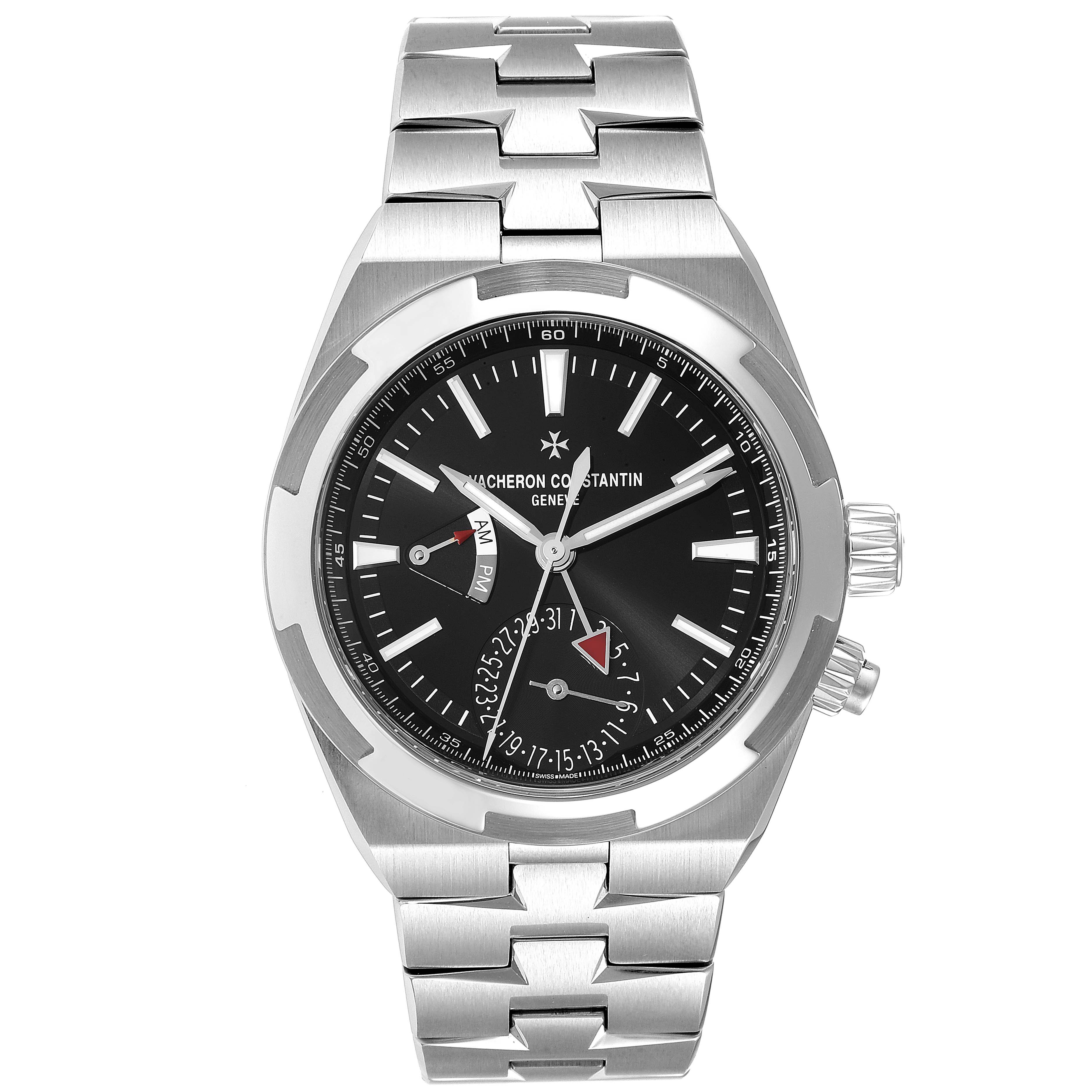 The image shows a front view of the Vacheron Constantin Overseas 7900V/110A Men's Stainless Steel Black Dial 7900V/110A Men's Stainless Steel Black Dial watch, displaying the dial, bezel, case, and bracelet.