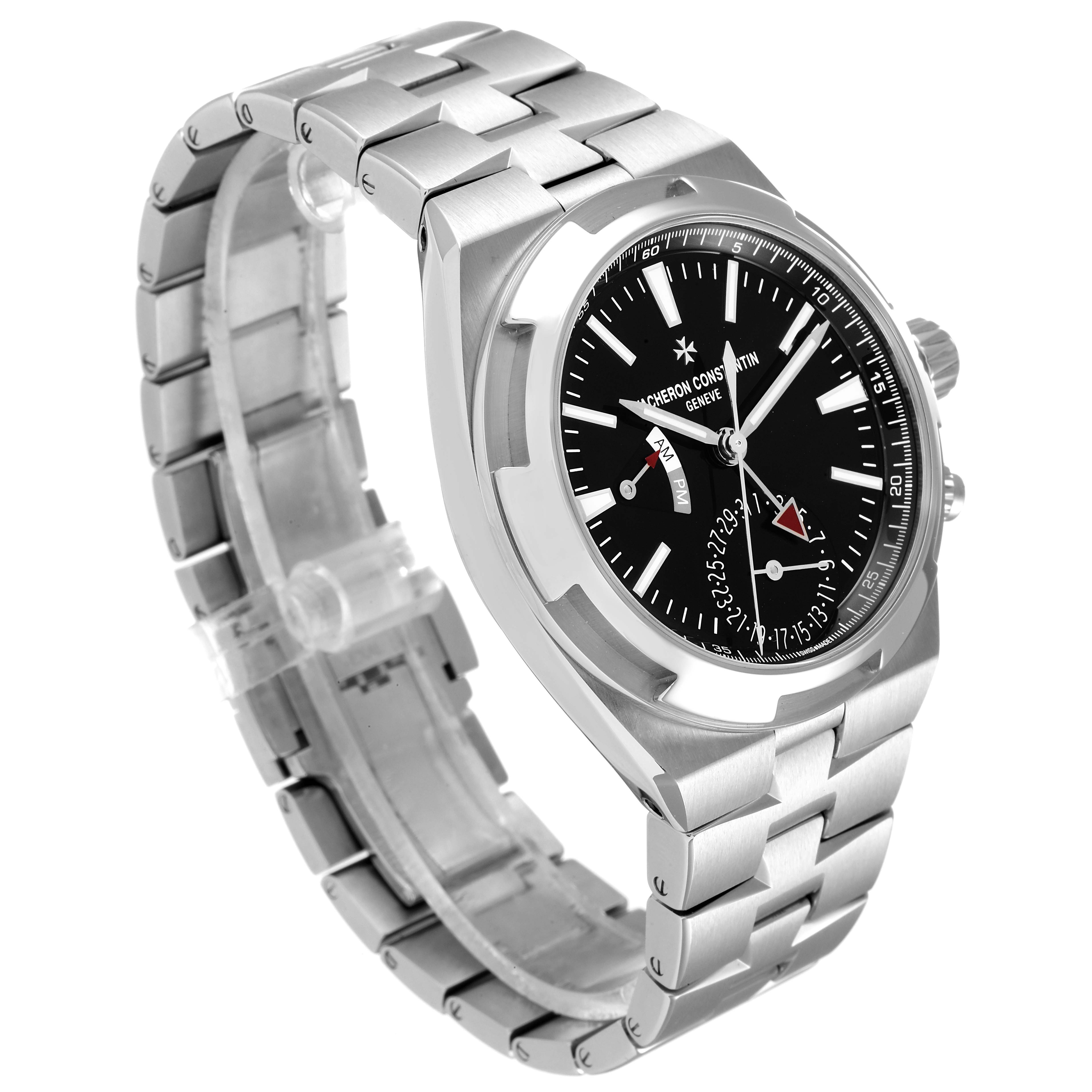 The Vacheron Constantin Overseas 7900V/110A Men's Stainless Steel Black Dial 7900V/110A Men's Stainless Steel Black Dial watch is shown at an angle, highlighting its stainless steel case, bracelet, and black dial.