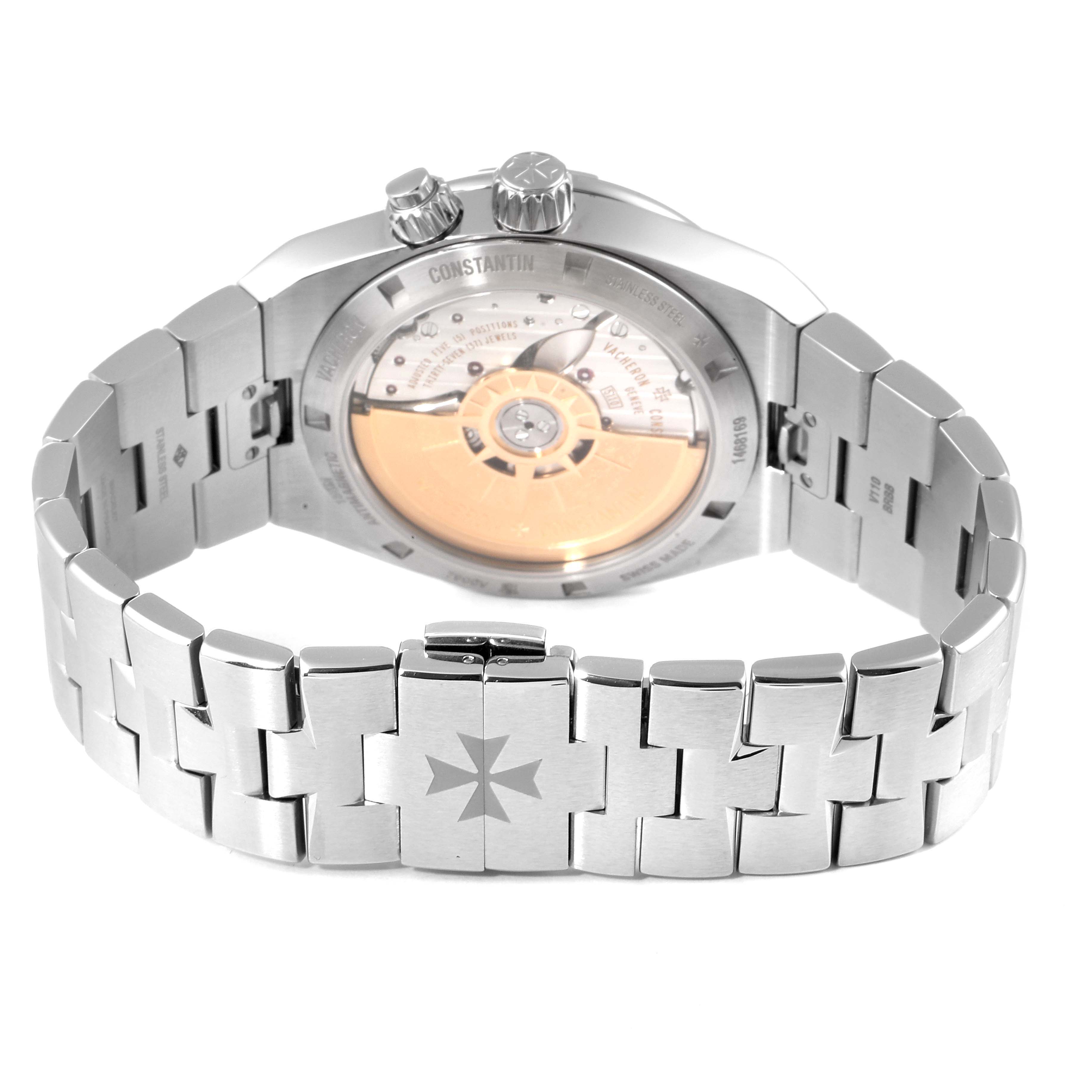 The image shows the back view of the Vacheron Constantin Overseas 7900V/110A Men's Stainless Steel Black Dial 7900V/110A Men's Stainless Steel Black Dial watch, highlighting its open case back and bracelet clasp.