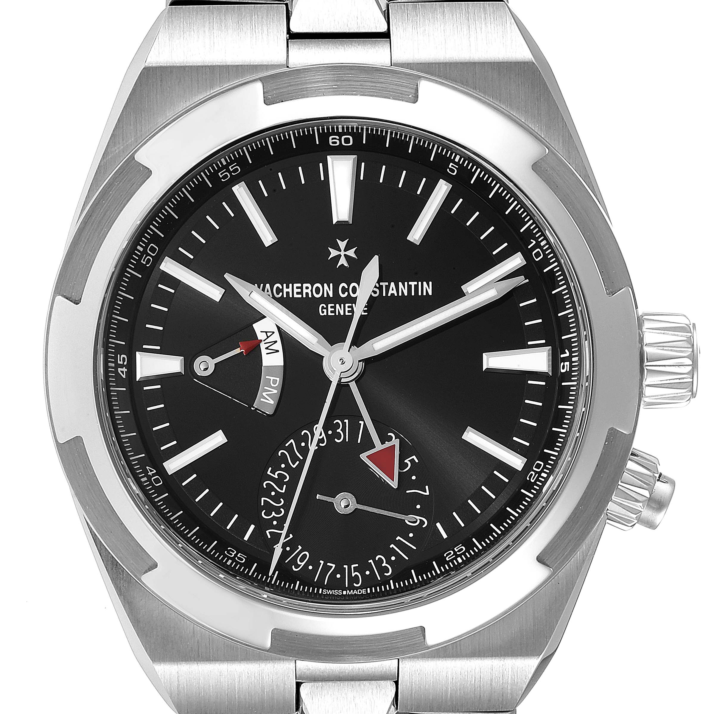 The Vacheron Constantin Overseas 7900V/110A Men's Stainless Steel Black Dial 7900V/110A Men's Stainless Steel Black Dial watch is shown from a front angle, displaying the dial, hands, and crown.