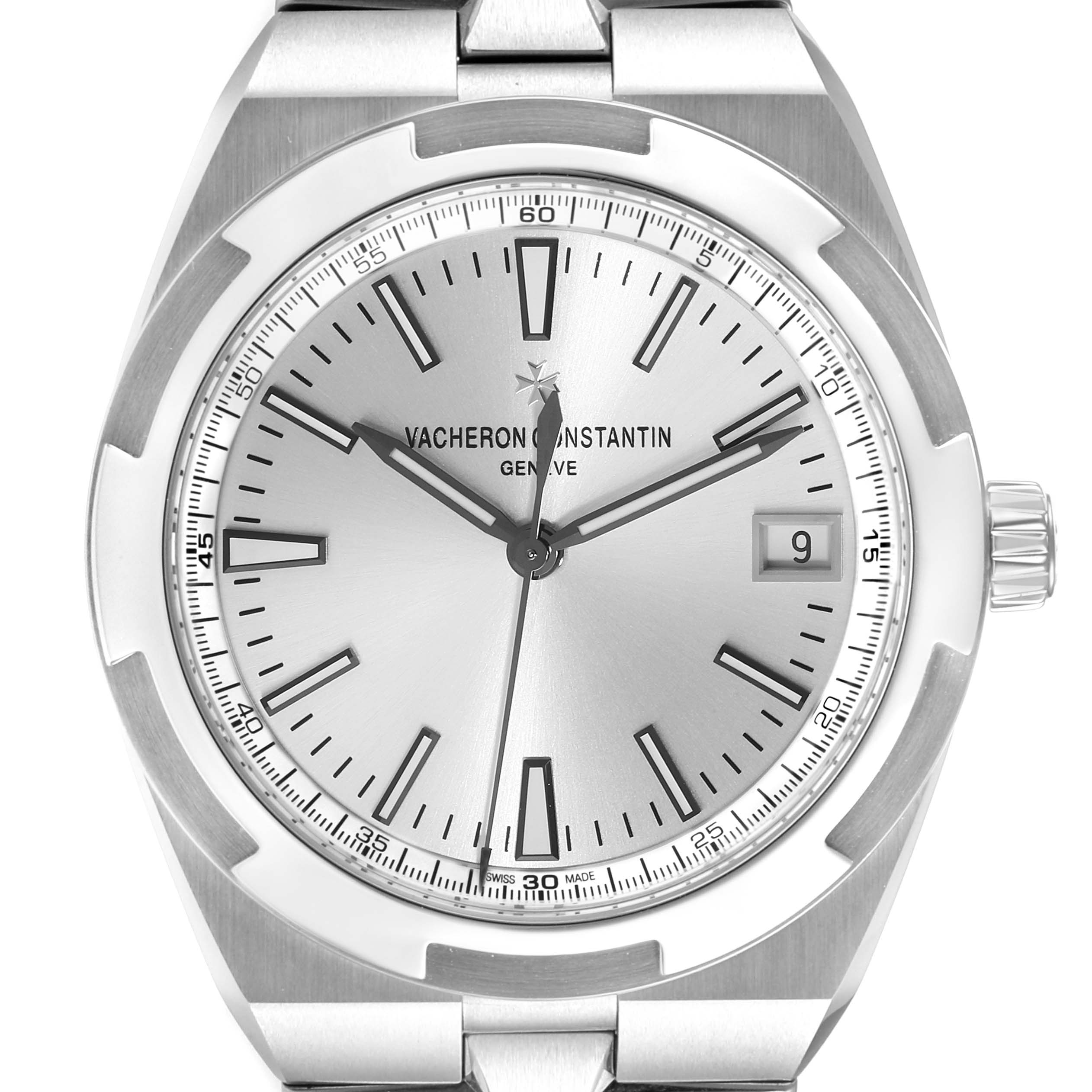 The image shows the Vacheron Constantin Overseas 4500V/110A-B126 Men's Stainless Steel Silver Dial 4500V/110A-B126 Men's Stainless Steel Silver Dial watch from the front, displaying its dial, bezel, and part of the bracelet.
